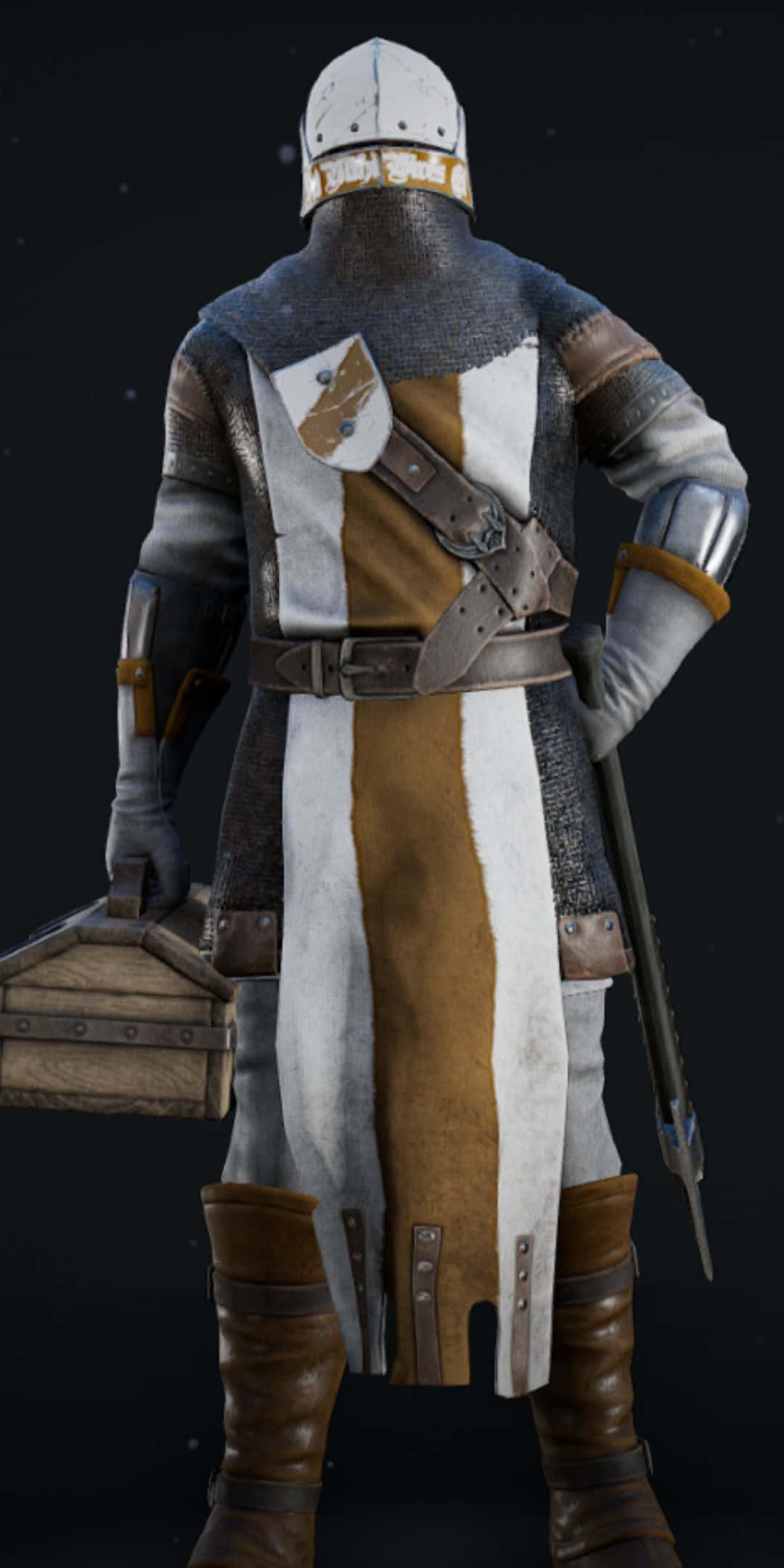 Pixel 3《Mordhau》遊戲的生動開場畫面 壁紙 — 一位身穿精細盔甲的中世紀騎士背向觀眾，手持一個盒子和劍，背景是黑暗的星空。