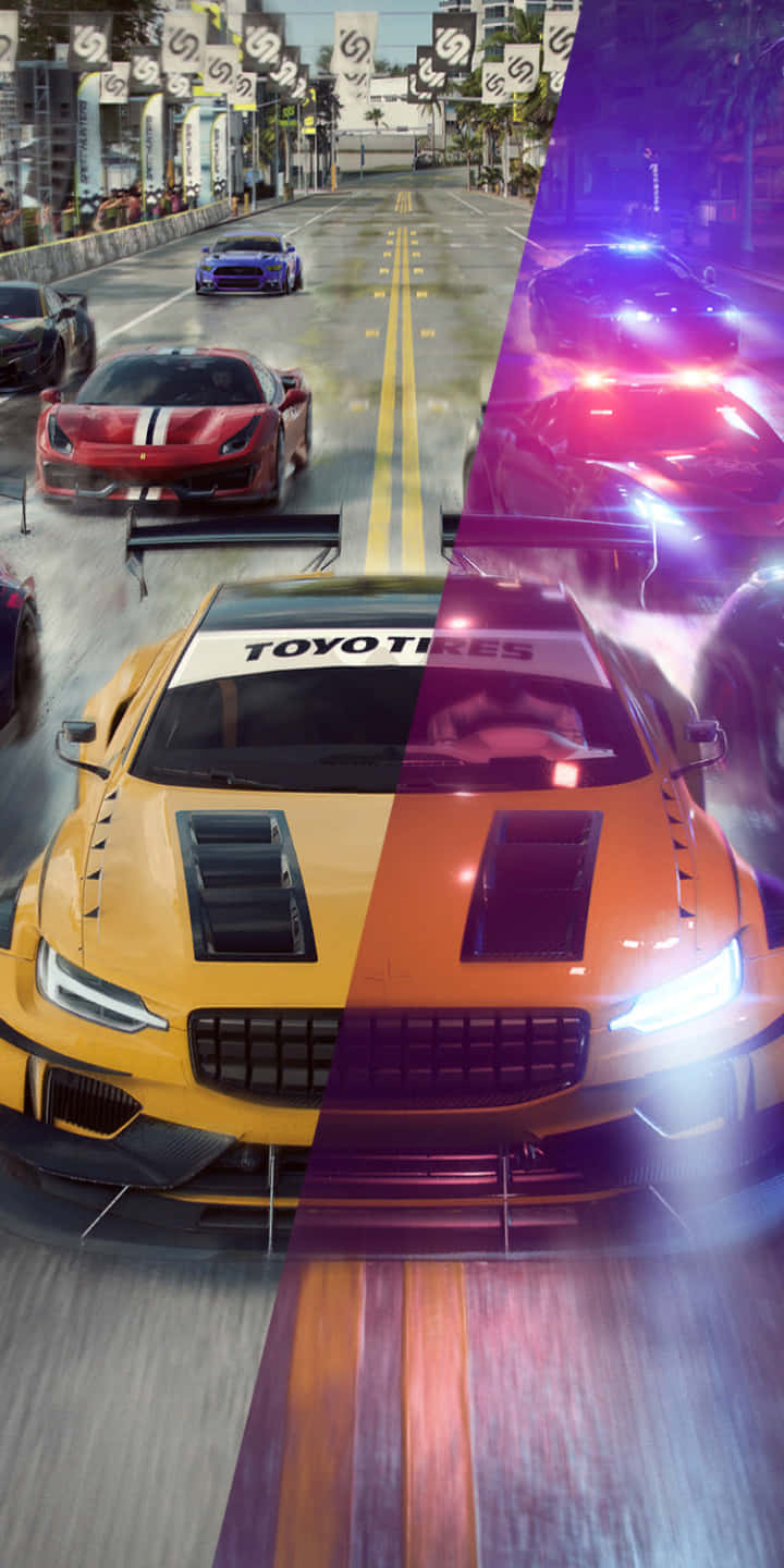 高速街頭賽車，霓虹燈和警車追逐跑車。