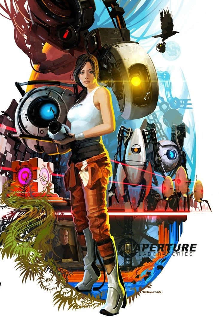 Pixel 3 Portal 2背景：女性角色Chell 壁紙 — 一位穿著橙色褲子的女性，在充滿活力的科幻實驗室場景中，手持傳送槍，身旁有機器人同伴。