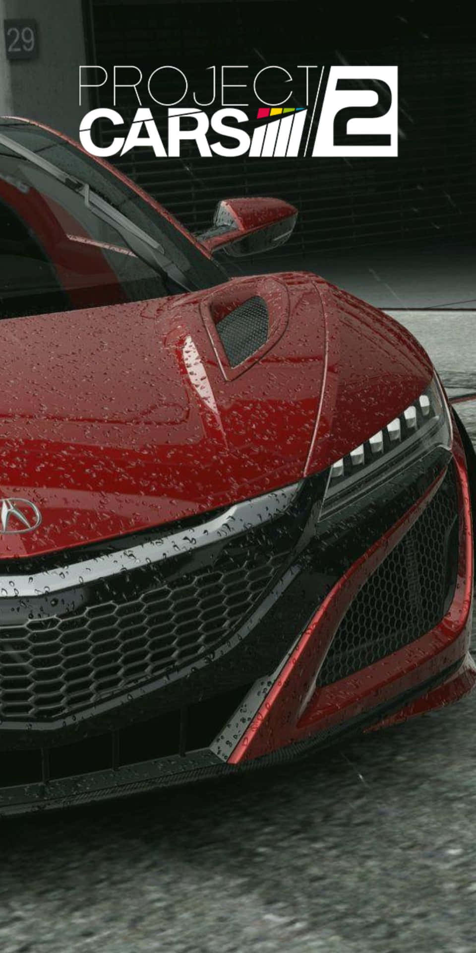 紅色賽車，引擎蓋上有雨滴，車頭燈在潮濕賽道上發光。