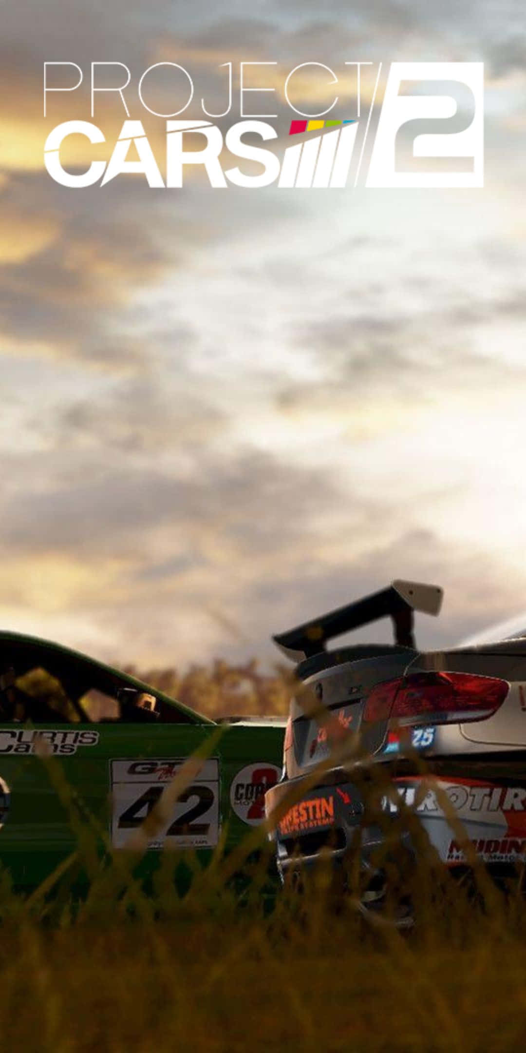 Pixel 3 高畫質《Project Cars 2》遊戲體驗 壁紙 — 兩輛帶有贊助商貼紙的賽車停在長草中，天空多雲，夕陽西下，並有遊戲標題疊加。
