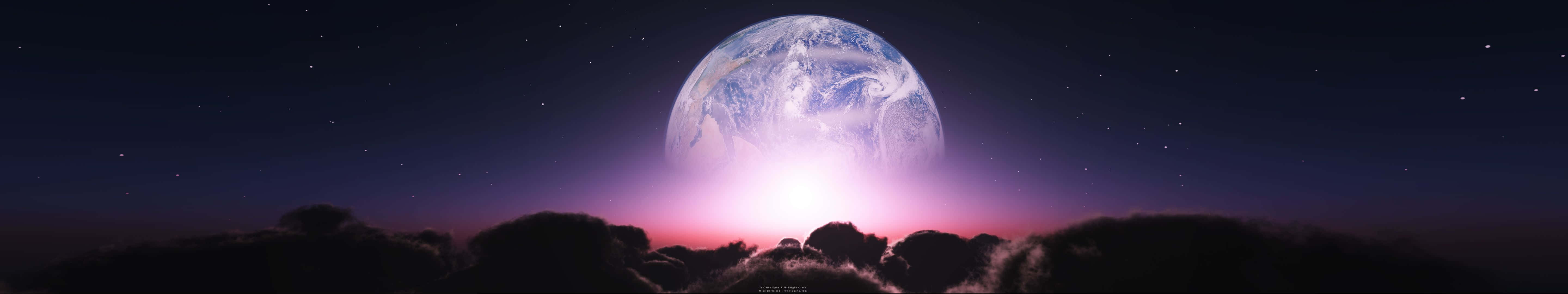 迷人月光 Pixel 3 監視器背景 壁紙 — 地球在沐浴於鮮豔粉紅與紫色暮光的雲層剪影之上莊嚴升起。