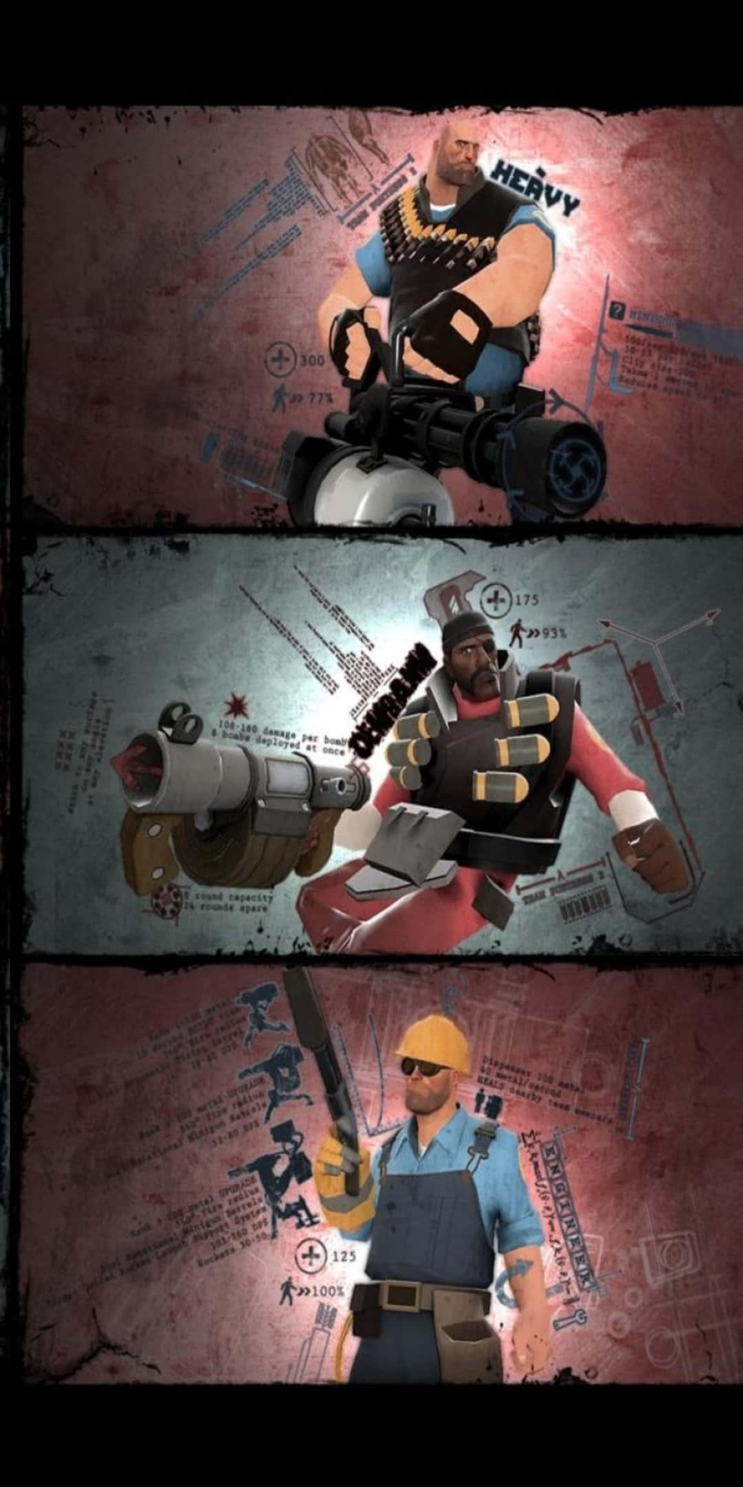 震撼高畫質的Pixel 3 TF2遊戲背景 壁紙 — 三個風格化的電子遊戲角色，各自揮舞獨特武器，背景粗糙有紋理。