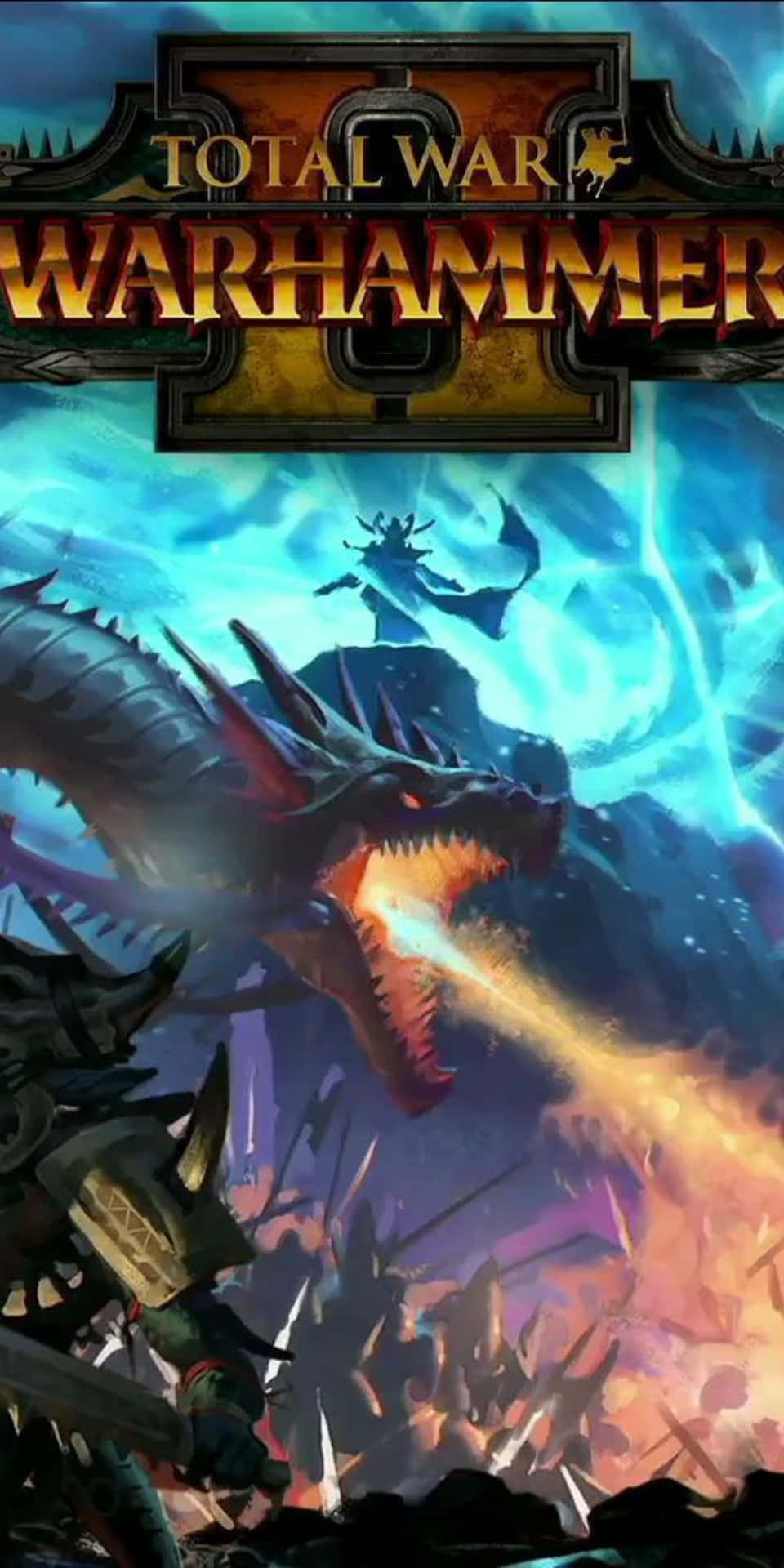奇幻巨龍在飽受戰爭蹂躪的戰場上噴火，黑暗法師施放閃電。