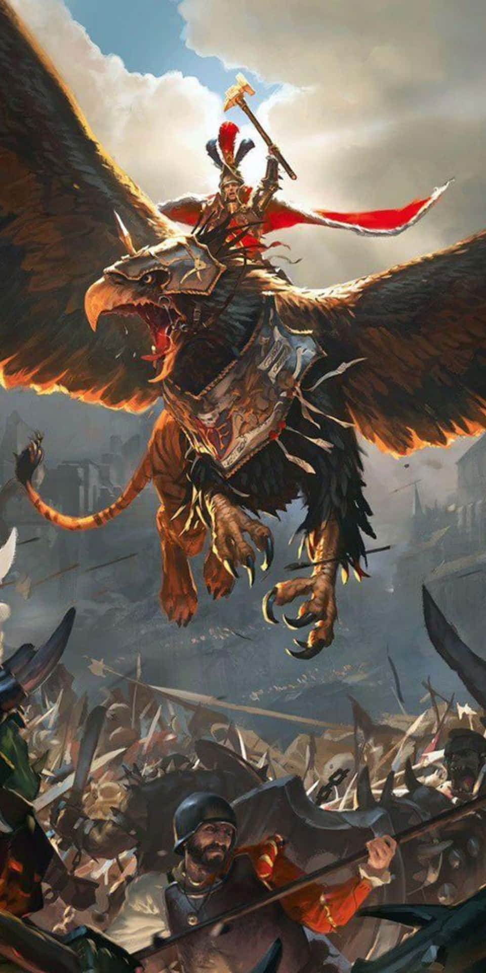 Pixel 3《Total War Warhammer II》飛行野獸與戰場背景 壁紙 — 一名戰士騎著雄偉的裝甲獅鷲，翱翔於下方有士兵的混亂戰場上空。