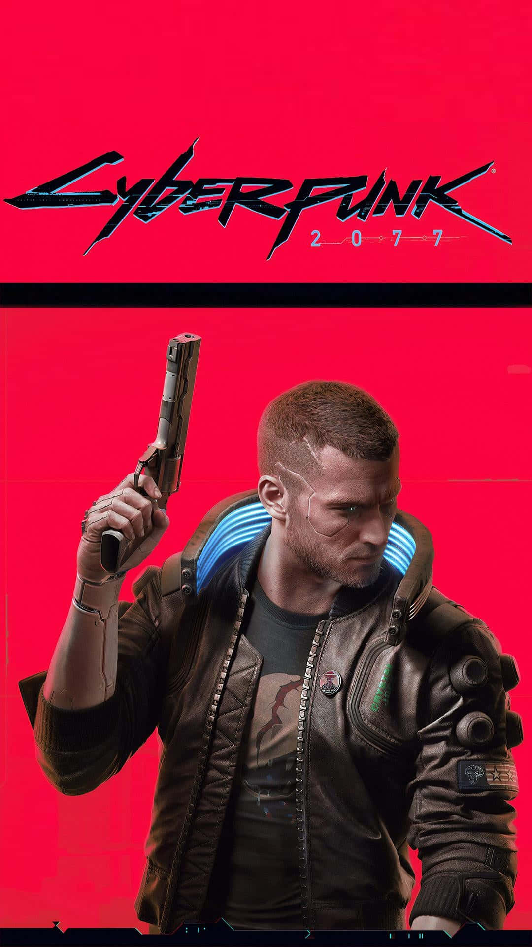 Cyberpunk 2077 主角在紅色背景中手持手槍。