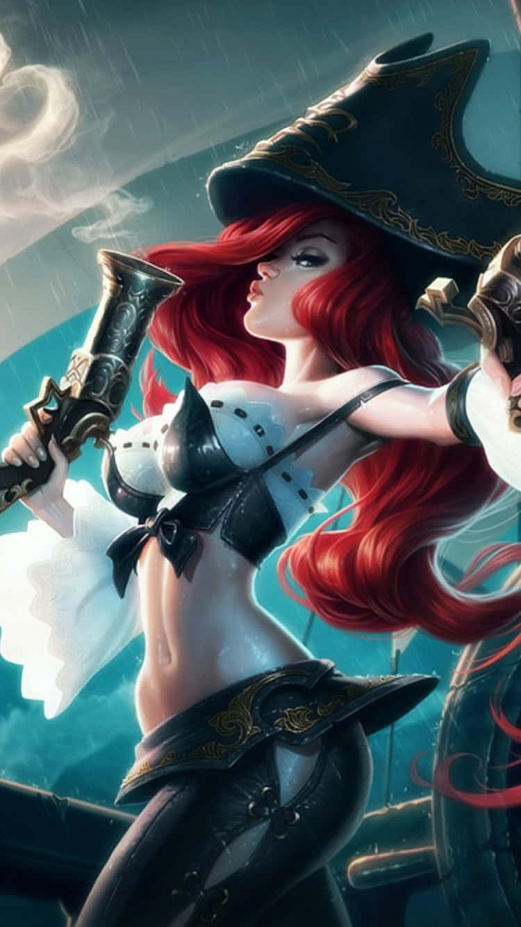 《英雄聯盟》賞金獵人米利歐 Pixel 3 XL 壁紙 — 一個兇猛的紅髮女海盜身穿華麗的黑白盔甲，在暴風雨的天空下揮舞著手槍。