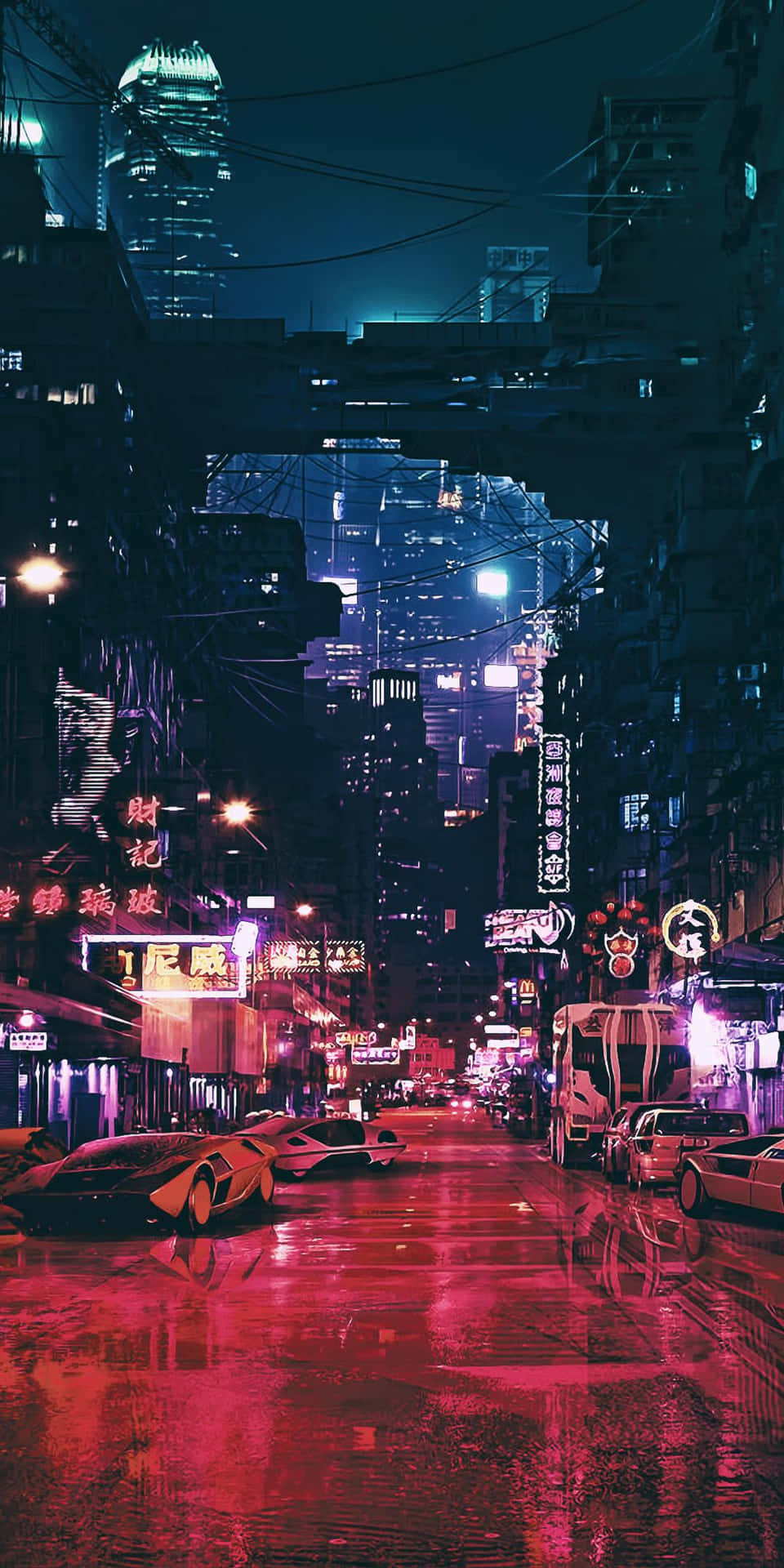 雨淋濕的 cyberpunk 城市街道，夜晚閃爍著霓虹燈招牌和高樓大廈。