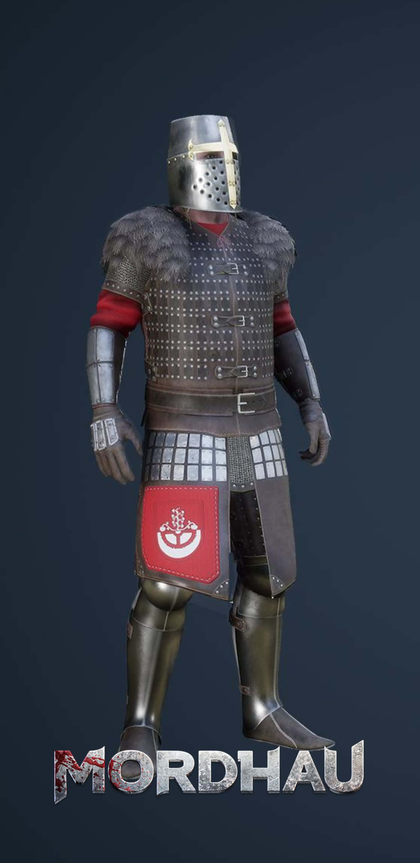 Pixel 3 XL 遊玩《Mordhau》 壁紙 — 一位全副武裝的中世紀騎士，身穿精細的板甲和鎖子甲，在黑暗背景下披著紅色紋章戰袍，蓄勢待發。