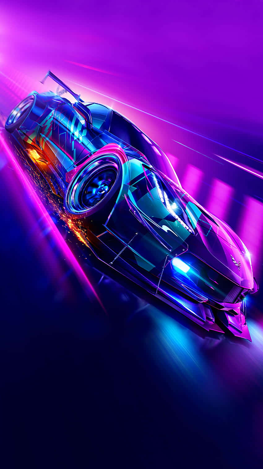 Pixel 3 上的《Need for Speed Heat》精彩冒險 壁紙 — 一輛未來主義的跑車在霓虹燈照耀的夜晚中滑行，留下發光的紫色、藍色和橙色軌跡。