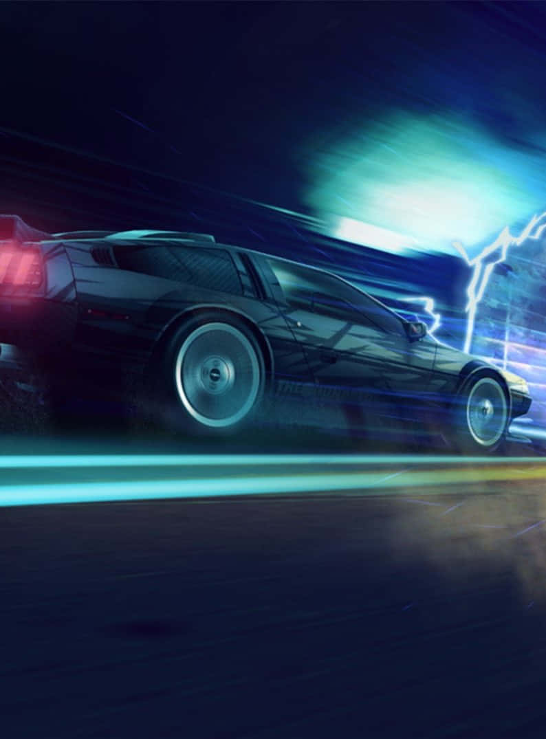 Pixel 3 上的《Need for Speed Heat》遊戲體驗 壁紙 — 一架時尚的黑色DeLorean在霓虹燈照亮的夜街上疾馳，伴隨著電光藍色的閃電條紋和動態模糊。