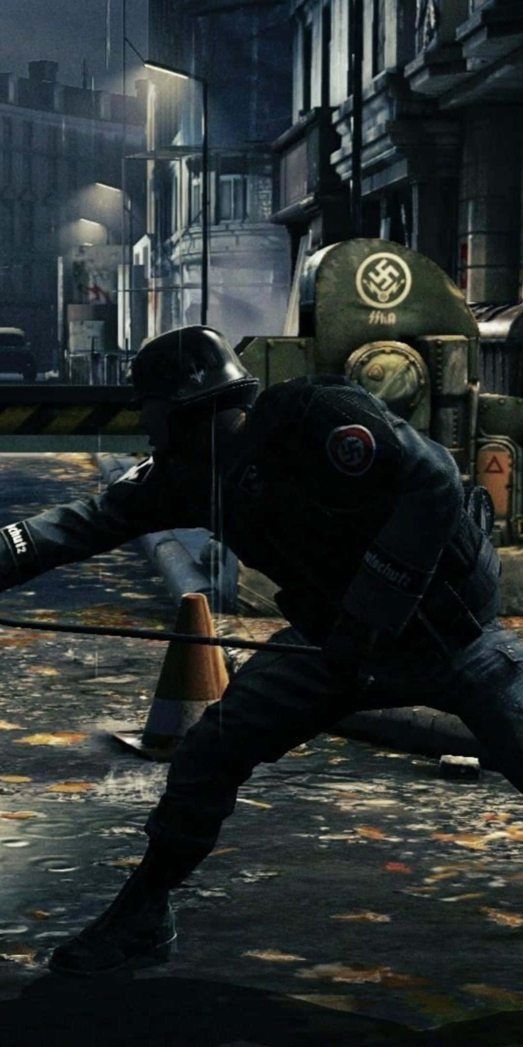 Pixel 3 上的 Wolfenstein II 3D 遊戲背景 壁紙 — 一名身穿深色制服的士兵在雨夜的都市小巷中蹲在軍車旁，頭頂是閃爍的路燈。