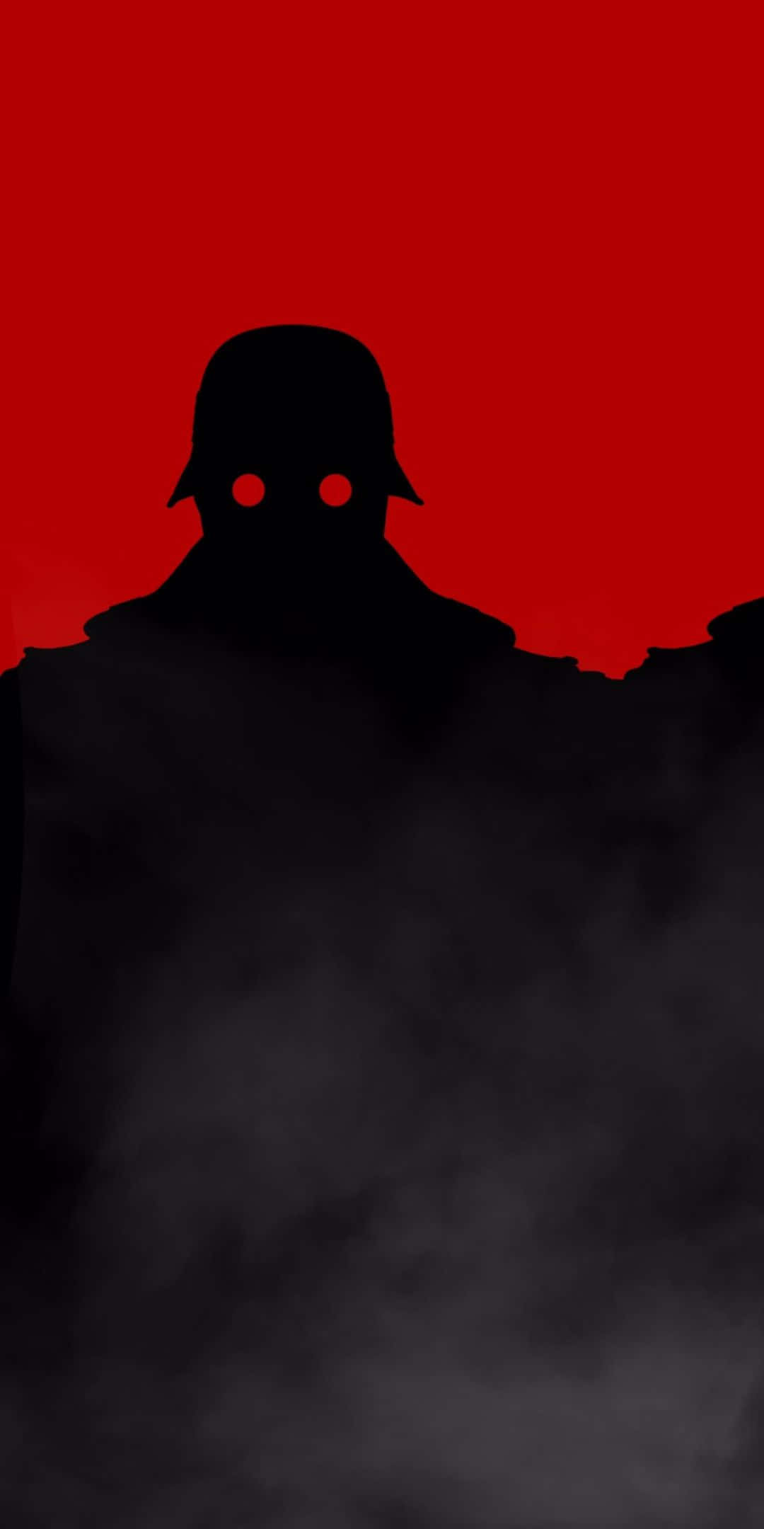 Pixel 3 上的《Wolfenstein II》動作場景 壁紙 — 一個戴著頭盔、眼睛發出紅光的士兵，其鮮明的剪影從黑煙中浮現，背景是鮮紅色。