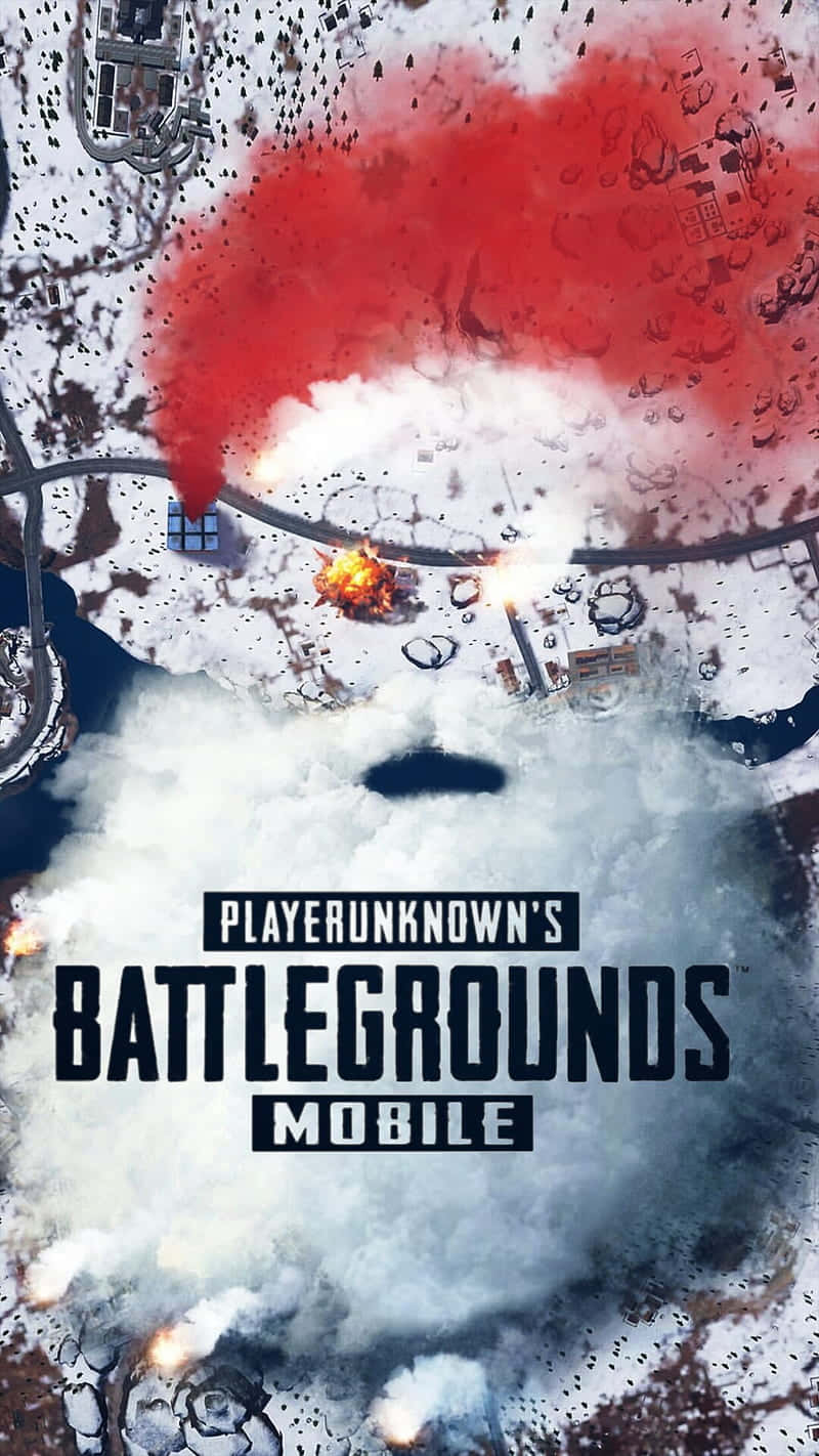 Pixel 3 上的《絕地求生》激烈遊戲畫面 壁紙 — 雪地戰場的鳥瞰圖，帶有紅色煙霧爆炸和遊戲標題疊加。