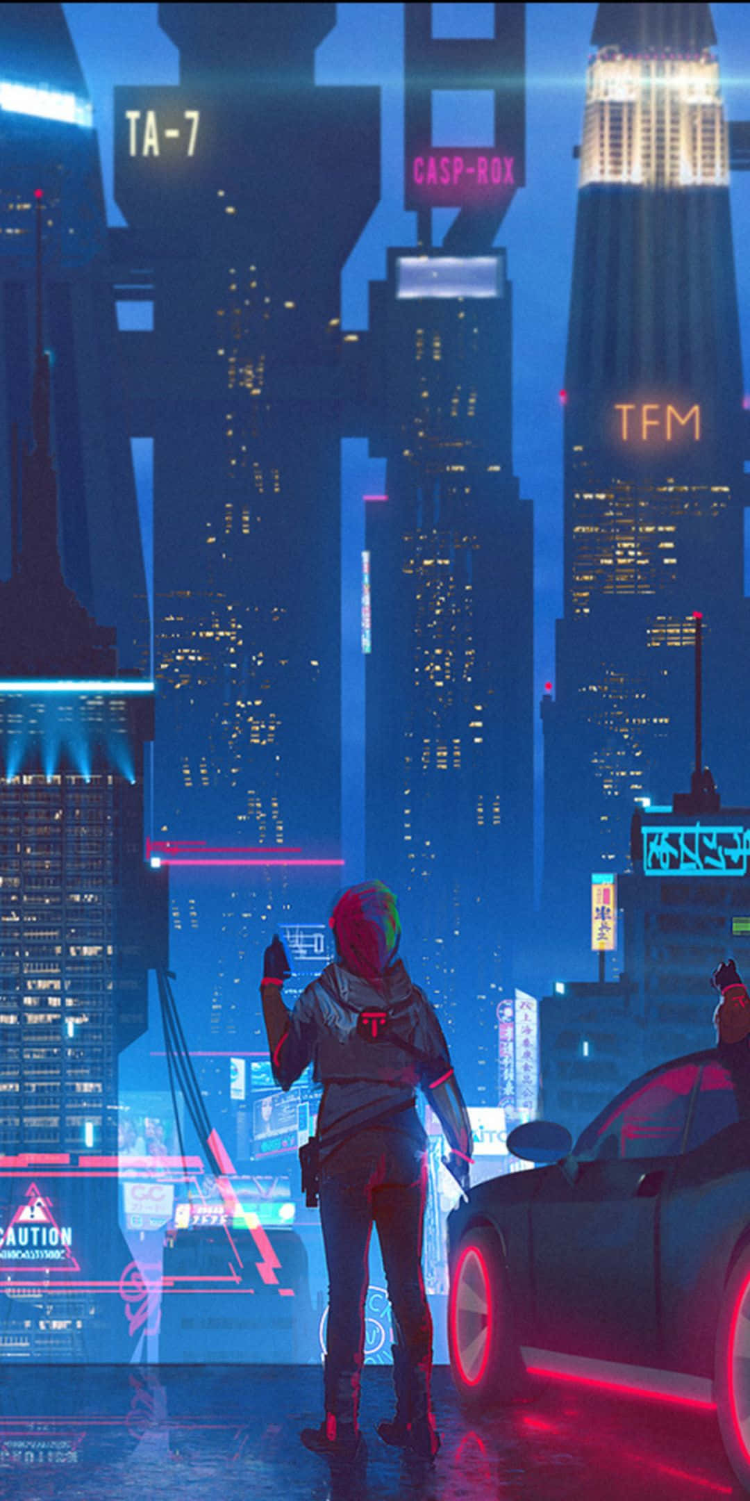 Pixel 3 上的《賽博朋克 2077》 壁紙 — 一個孤獨的身影戴著紅色頭盔，佇立在夜晚高聳的霓虹燈光下的賽博龐克城市景觀前。