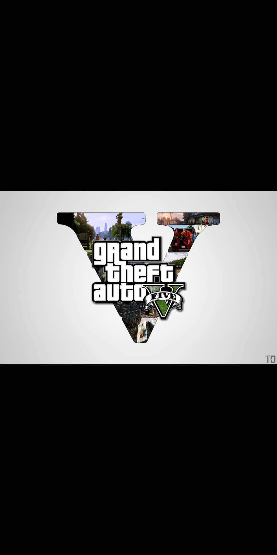 Pixel 3 全螢幕顯示《GTA V》遊戲畫面 壁紙 — Grand Theft Auto V 標誌由遊戲場景拼貼而成，背景為淺灰色。