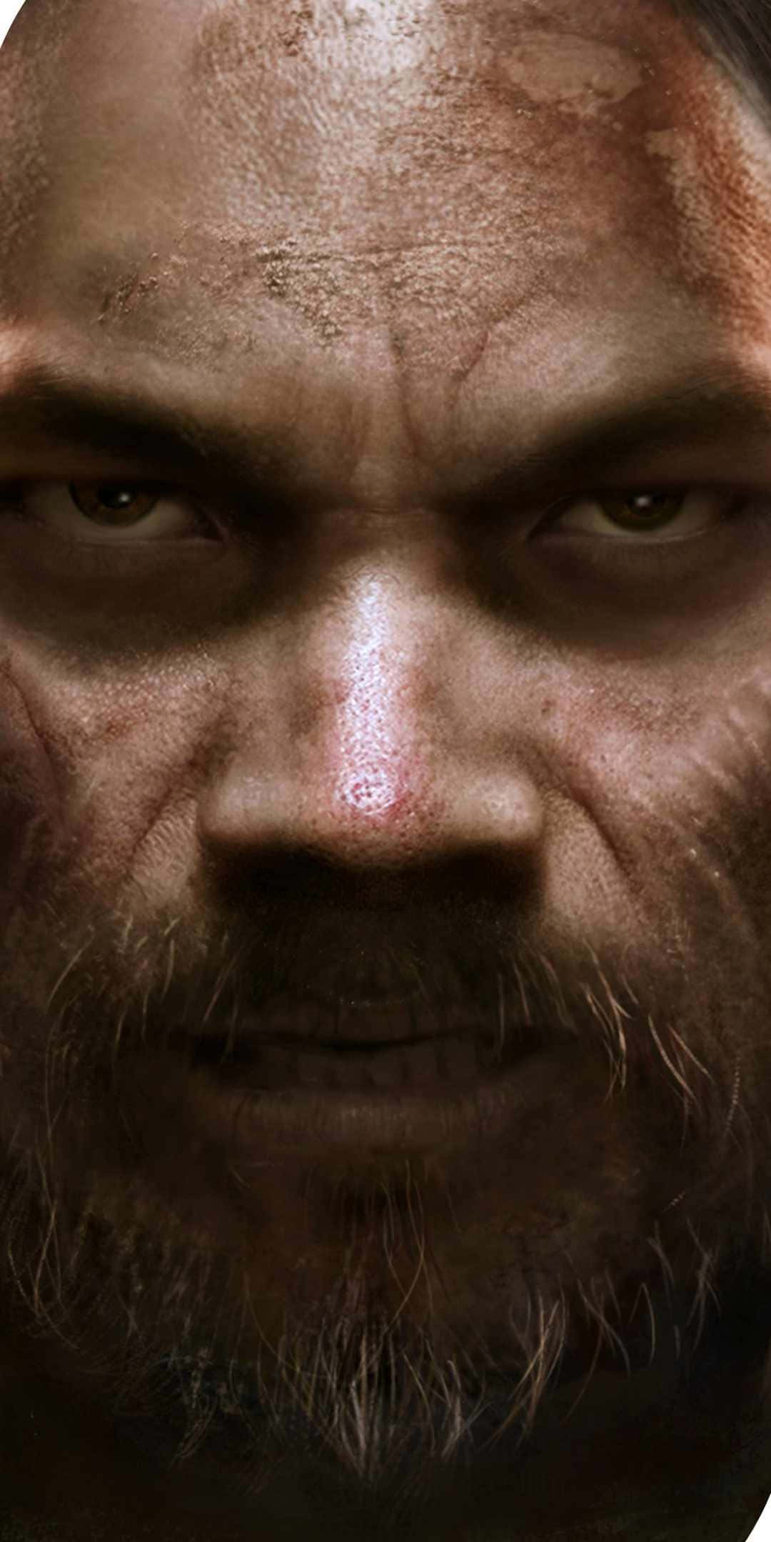 Pixel 3《全面戰爭：阿提拉》指揮部背景 壁紙 — 一個 gritty 的特寫，捕捉一名歷經戰鬥的男子充滿強烈情緒的臉龐，在強烈光線下可見污垢和血跡。