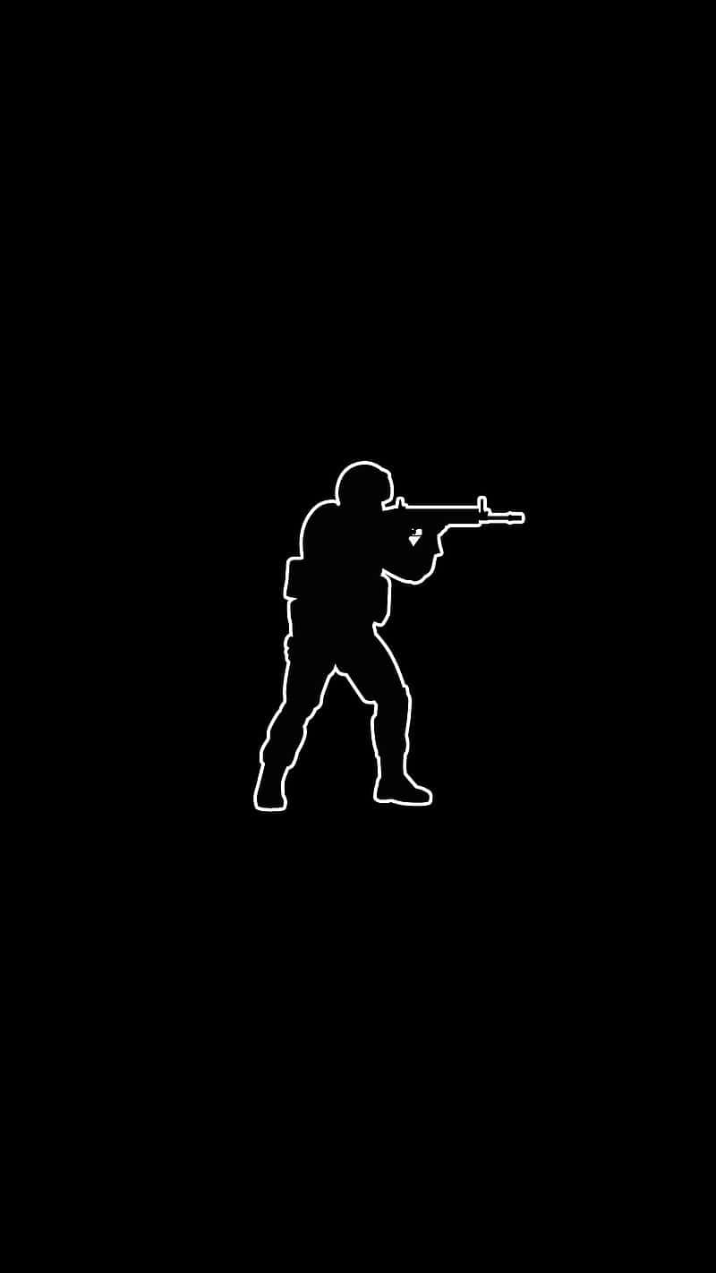Pixel 3《反恐精英：全球 Offensive》白色背景 壁紙 — 一個士兵瞄準步槍的清晰白色輪廓，背景為純黑色。