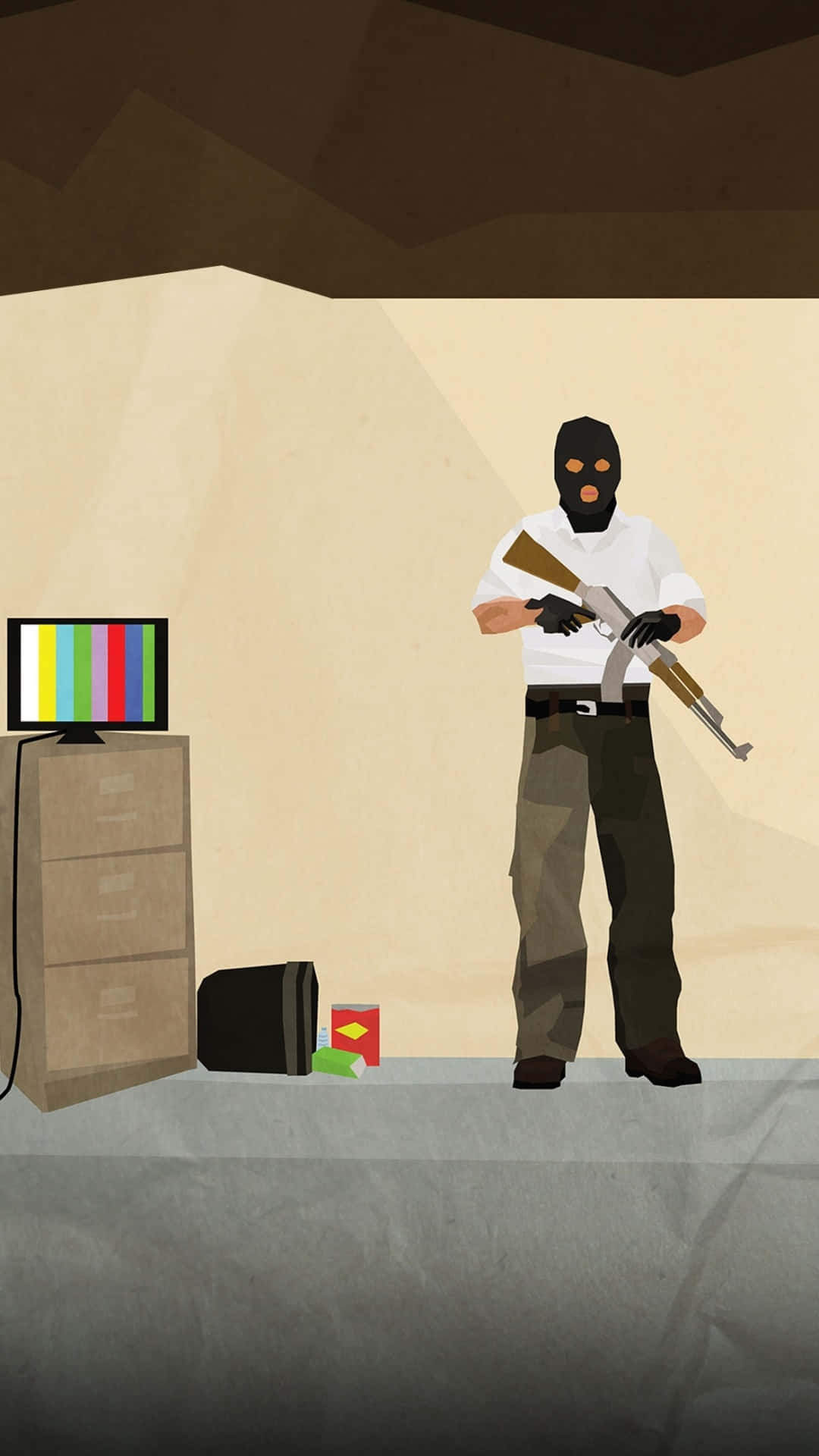 Pixel 3《反恐精英：全球 Offensive》電視背景 壁紙 — 一個戴面具的武裝人物站在極簡風格的房間裡，旁邊有一個檔案櫃和一台測試圖案電視。