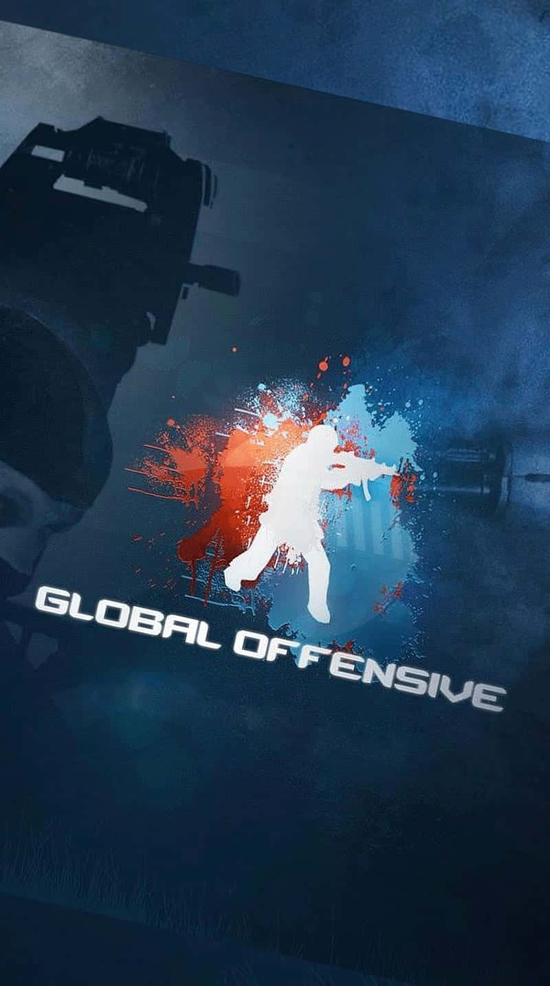Pixel 3《反恐精英：全球 Offensive》牆壁背景 壁紙 — 一個白色士兵剪影在紅色和藍色油漆飛濺中發射武器，背景為深藍色紋理，並帶有文字 GLOBAL OFFENSIVE。