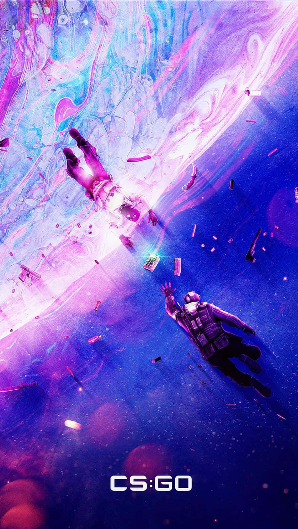 Pixel 3《反恐精英：全球 Offensive》太空背景 壁紙 — 兩名CS:GO玩家漂浮在充滿活力的宇宙虛空中，周圍環繞著旋轉的紫藍色能量和漂浮的武器。