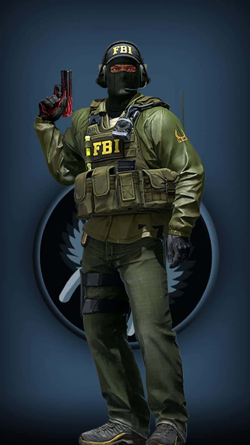 Pixel 3《反恐精英：全球 Offensive》FBI 背景 壁紙 — 一名身穿戰術裝備的FBI探員，在深藍色背景上手持手槍，背景帶有圓形徽章。
