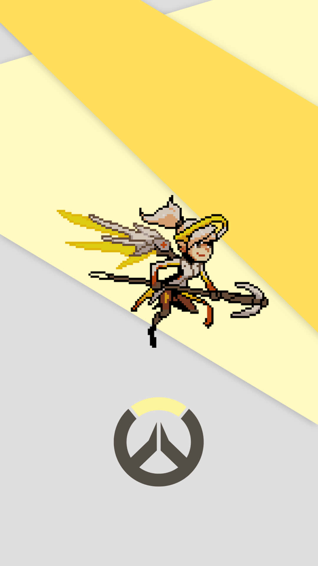 像素化的Overwatch角色帶有翅膀和三叉戟在標誌上方飛翔。