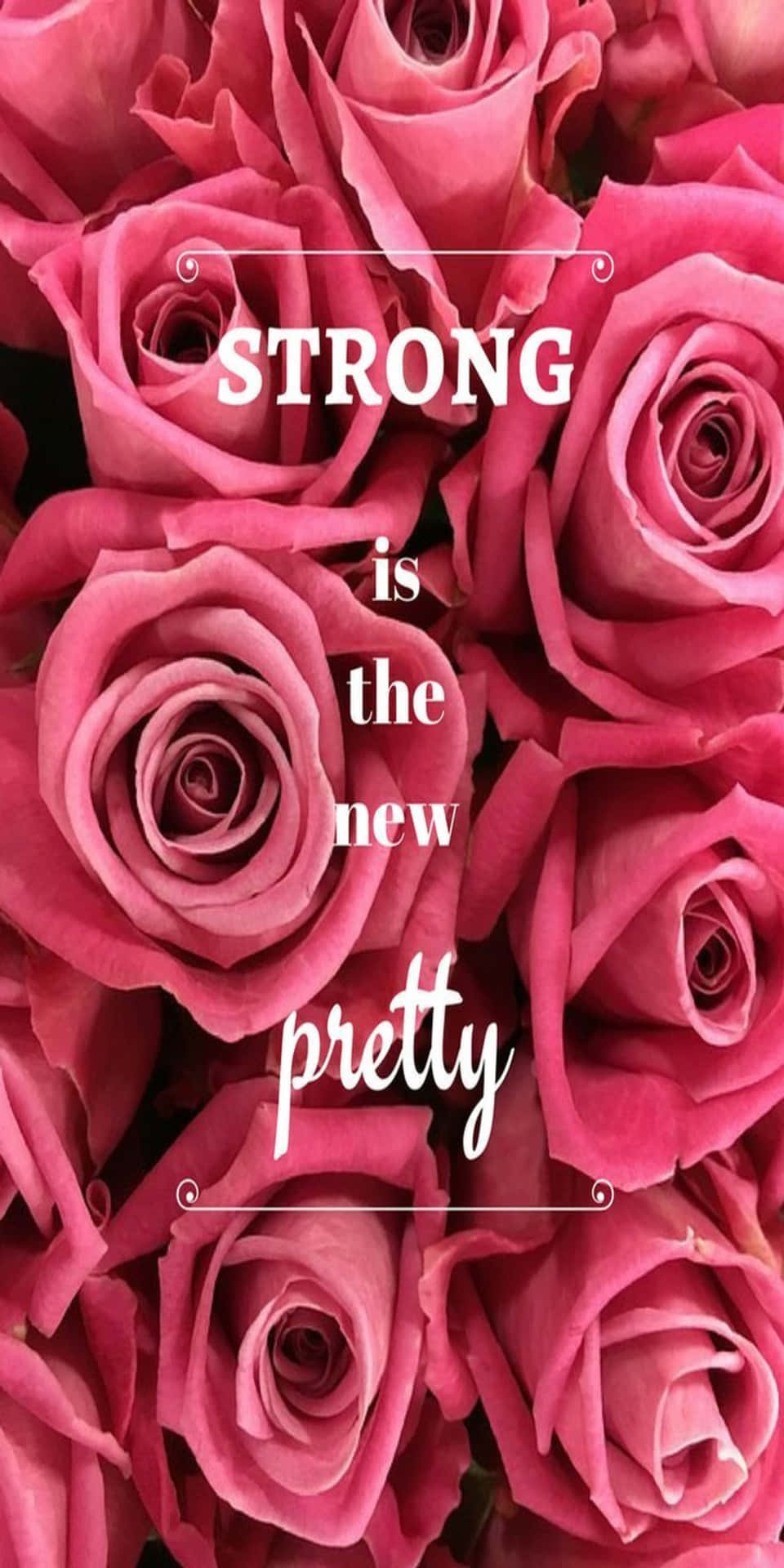 粉紅玫瑰，上面疊加著文字「Strong is the new pretty」。