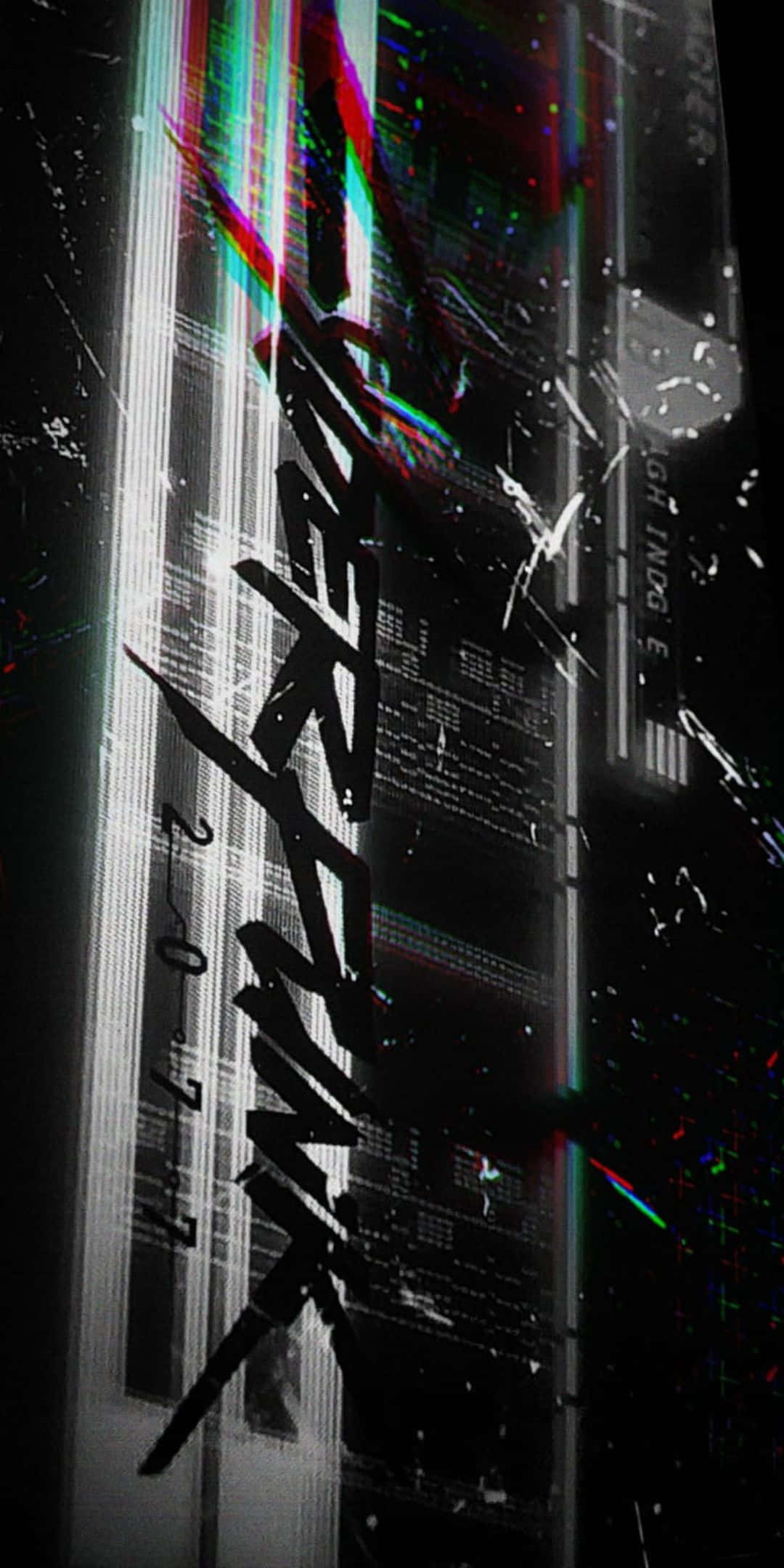 Pixel 3 推出未來感 Cyberpunk 2077 版本 壁紙 — 故障藝術壁紙，在深色背景上帶有粗體黑色文字和鮮豔的數位失真條紋。