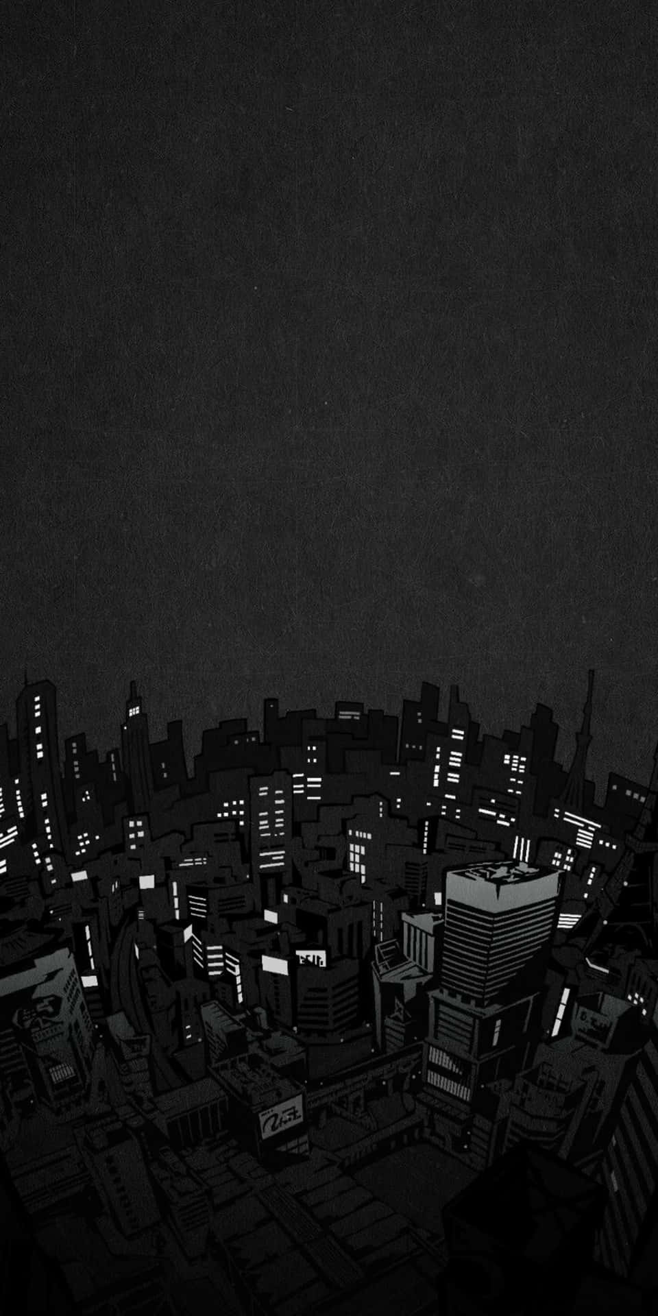夜晚帶有發光窗戶的黑白插圖城市。