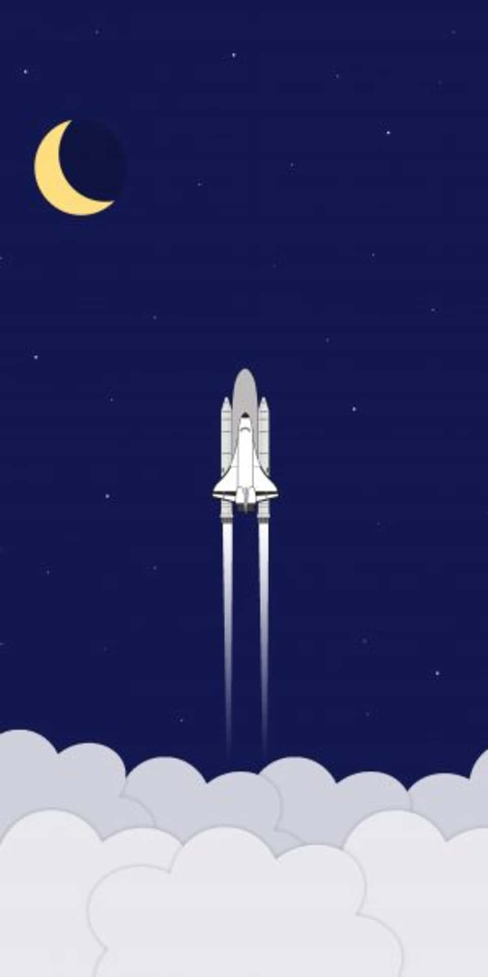 太空穿梭機在彎月和星星的夜空下發射升空