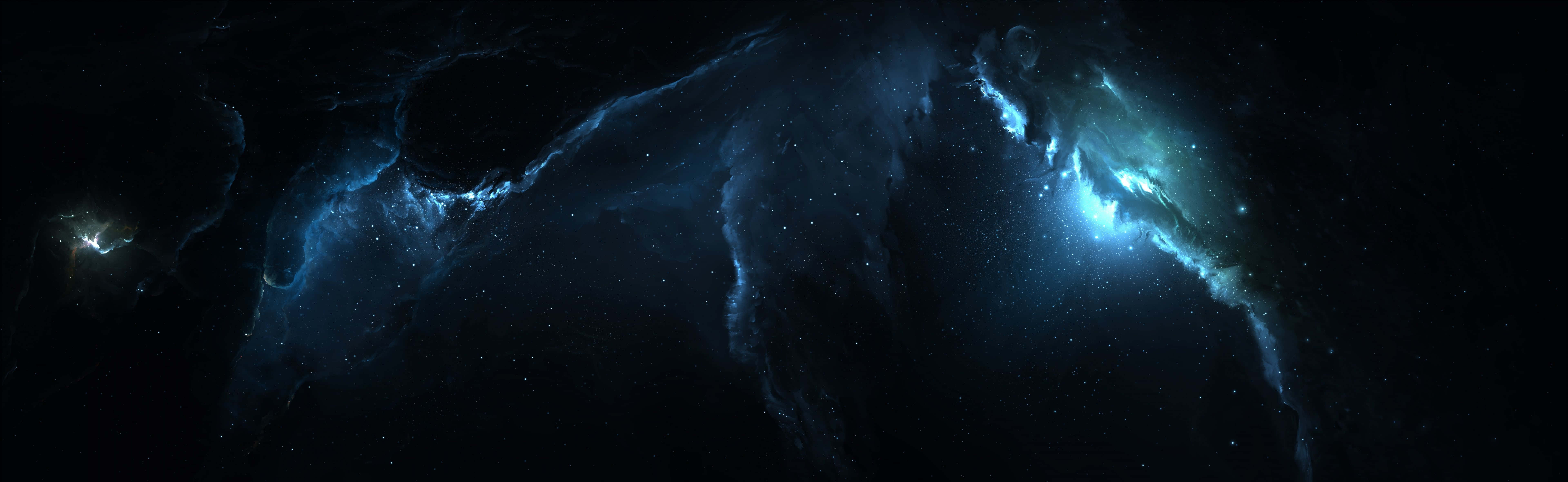 深空中帶有散落星星的發光藍色星雲。