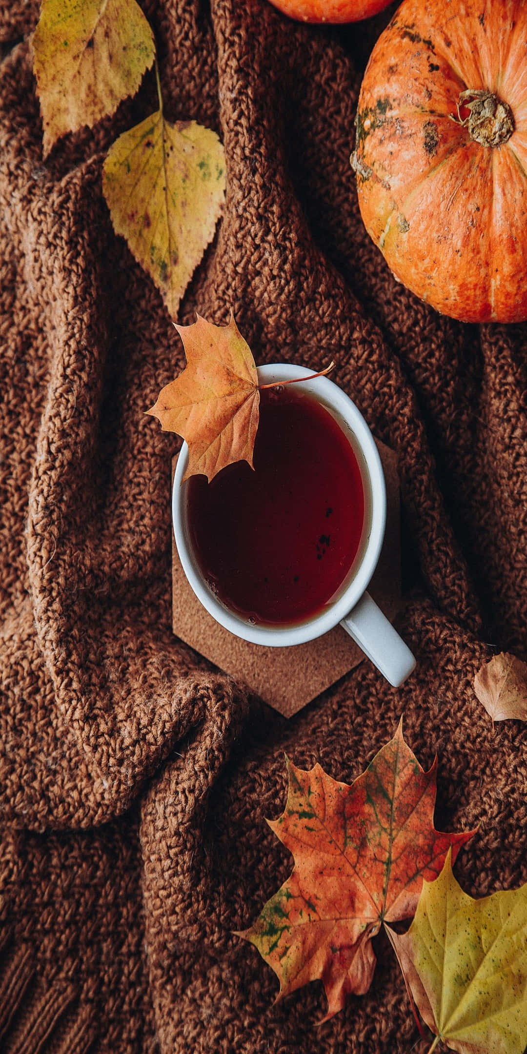 Pixel 3 秋日紅茶毯子背景 壁紙 — 一個舒適的秋日場景，一杯冒著熱氣的茶放在有紋理的棕色毯子上，旁邊有南瓜和鮮豔的落葉。
