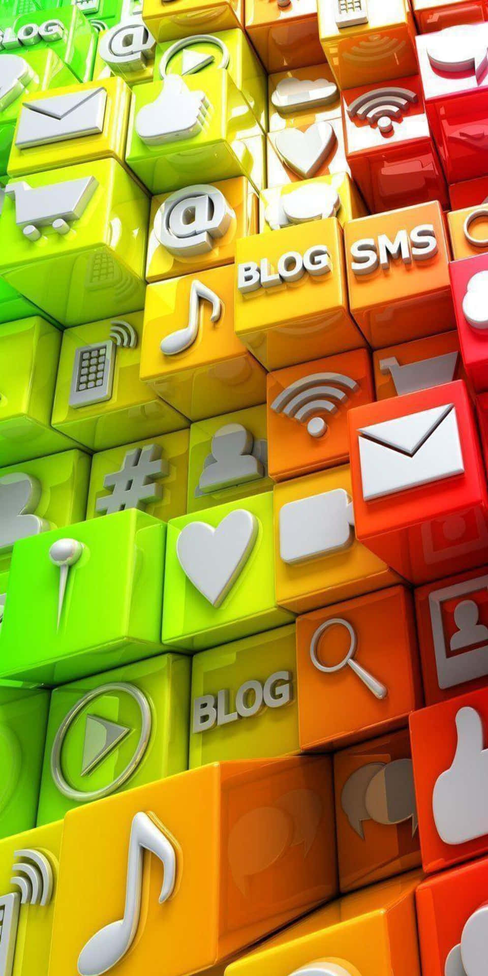 色彩繽紛的3D立方體，帶有博客、短信和WiFi等數字通信圖標。