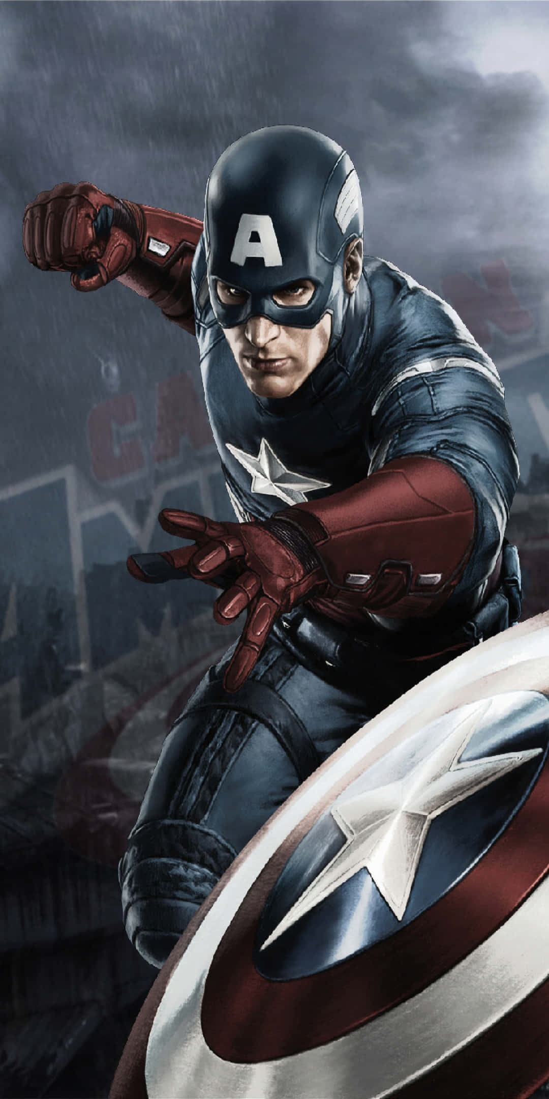 Pixel 3 美國隊長動感圖形設計背景 壁紙 — 美國隊長以動態姿勢揮舞其標誌性盾牌，背景是風暴肆虐的城市。
