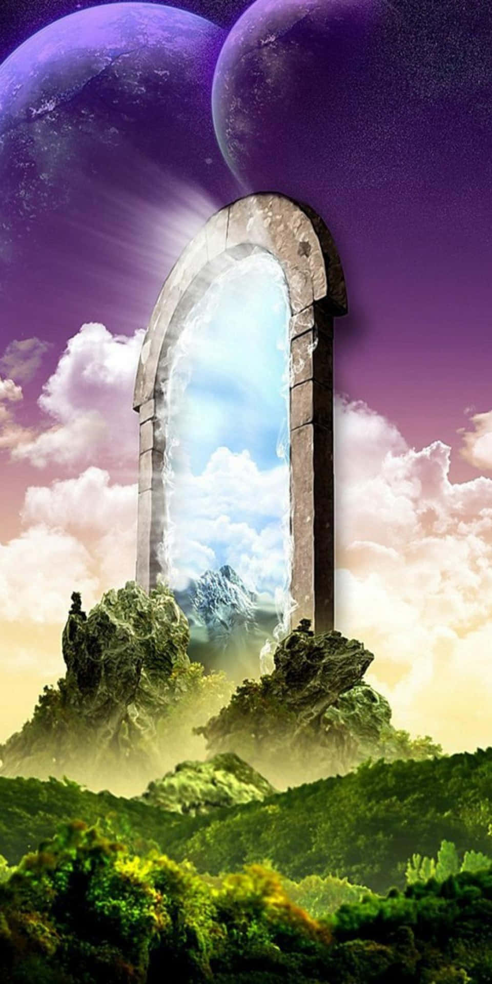 古老的石拱門顯露出紫色天空下積雪的山脈和發光的行星。