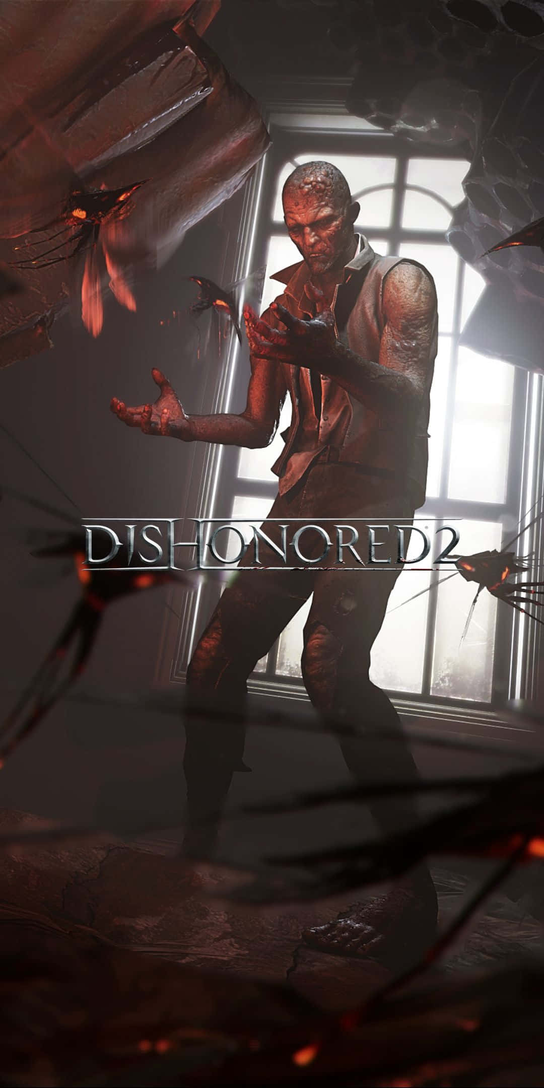 Pixel 3 與 Dishonored 2 — 完美搭配，沉浸式遊戲體驗 壁紙 — 一個滿身傷痕的男人身處破爛的房間，沐浴在窗光中，被漂浮的紅眼昆蟲包圍。