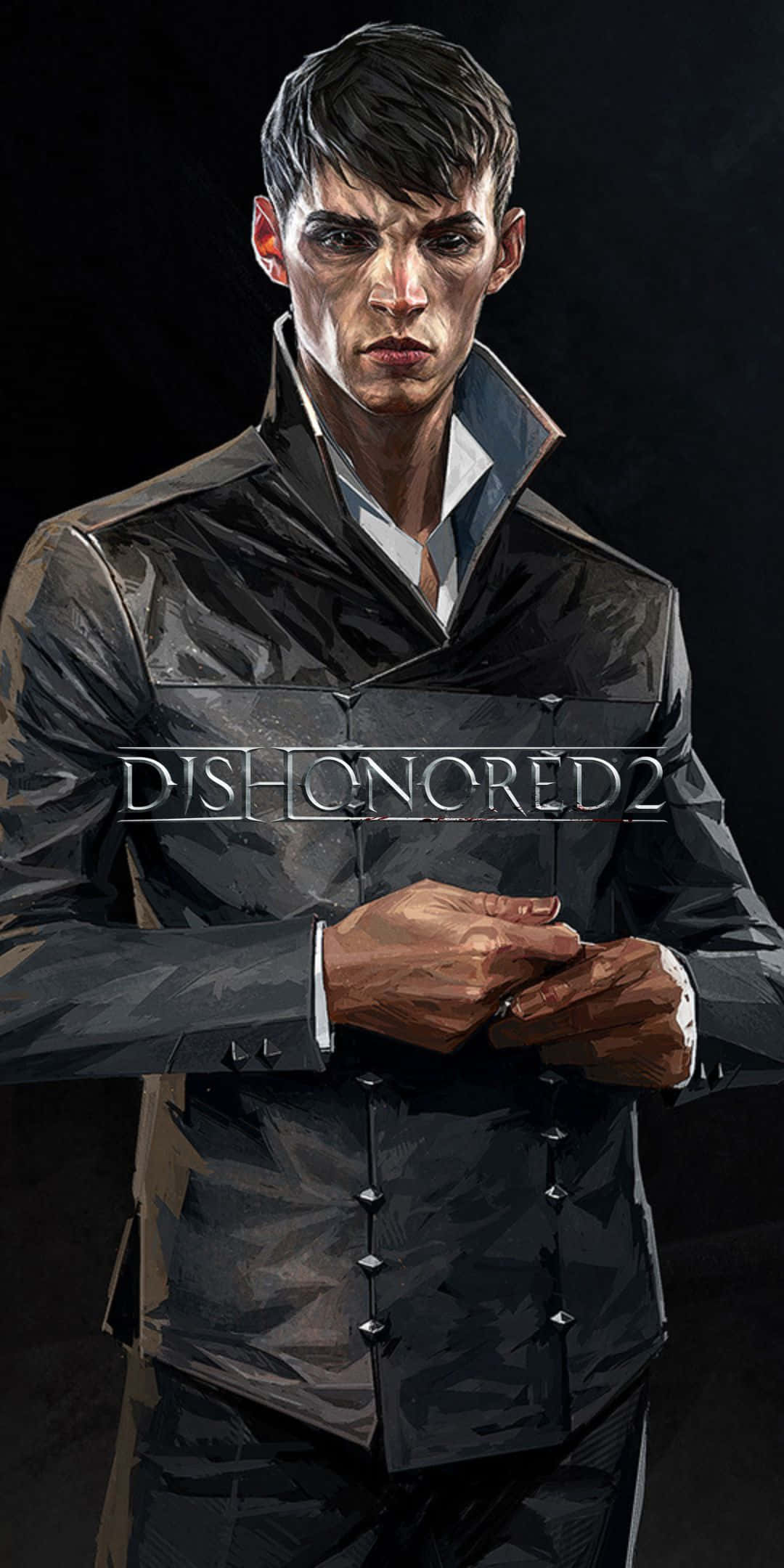 Pixel 3 與《Dishonored 2》世界 壁紙 — 一個表情嚴肅的男人穿著深色外套，站在黑色背景前，胸前有Dishonored 2標誌。