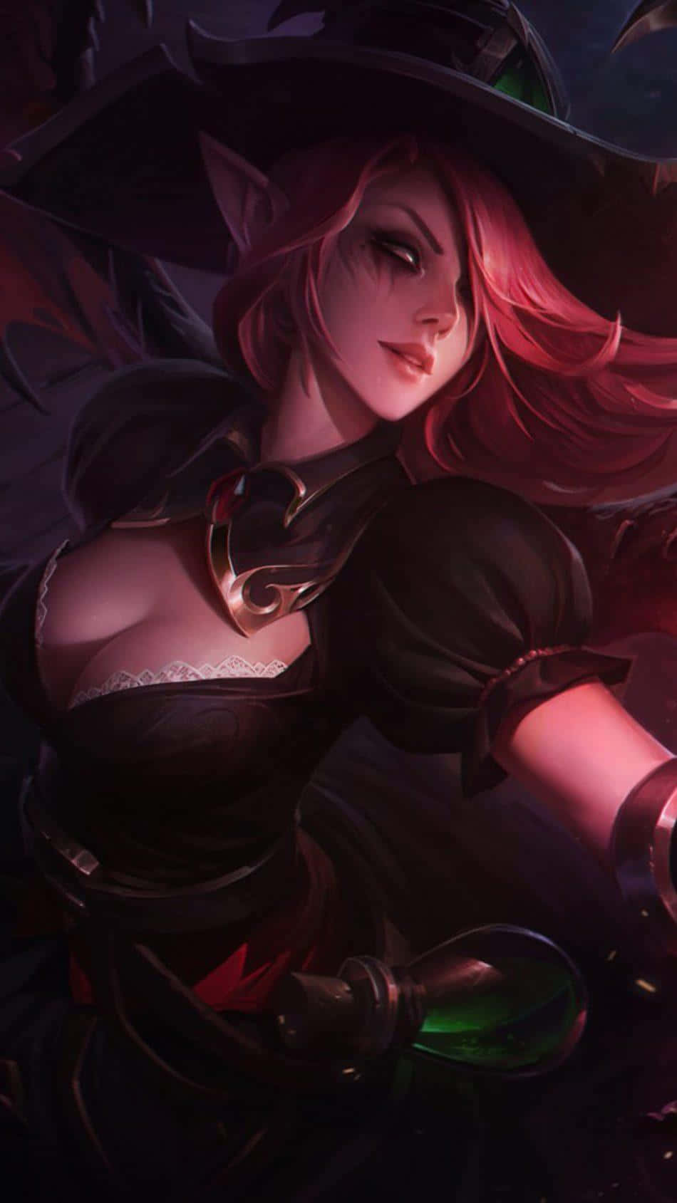 Pixel 3《英雄聯盟》壁紙 - 莫甘娜 壁紙 — 一位引人注目的動漫女巫，擁有深紅色頭髮和尖耳朵，戴著深色帽子，穿著暴露的服裝，手持發光的綠色藥水。