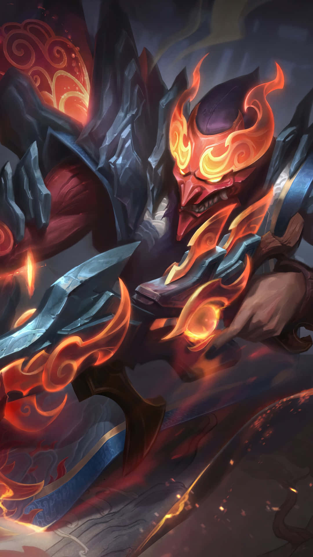 Pixel 3《英雄聯盟》壁紙 - Jhin 新造型海報 壁紙 — 一個燃燒的惡魔戰士，帶著發光的橙色火焰和威嚇的面具，揮舞著一把火焰劍，對抗黑暗的鋸齒狀岩石。