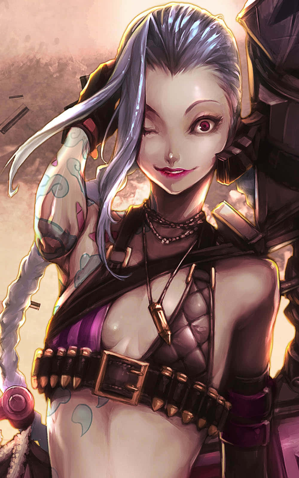 Pixel 3《英雄聯盟》暴走萝莉背景 壁紙 — 一位自信的動漫女性，銀色頭髮和紋身，穿著皮革背帶和彈藥帶，眨眼。