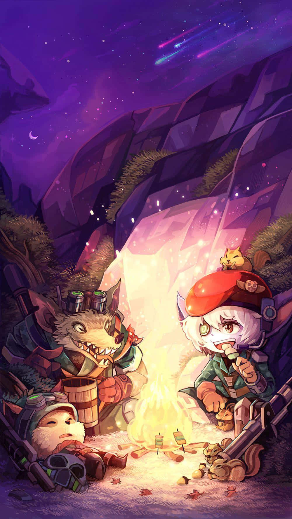Pixel 3《英雄聯盟》篝火背景 壁紙 — 三個擬人化動物角色在岩石洞穴中，在繁星點點的紫色夜空下，在營火旁烤棉花糖。