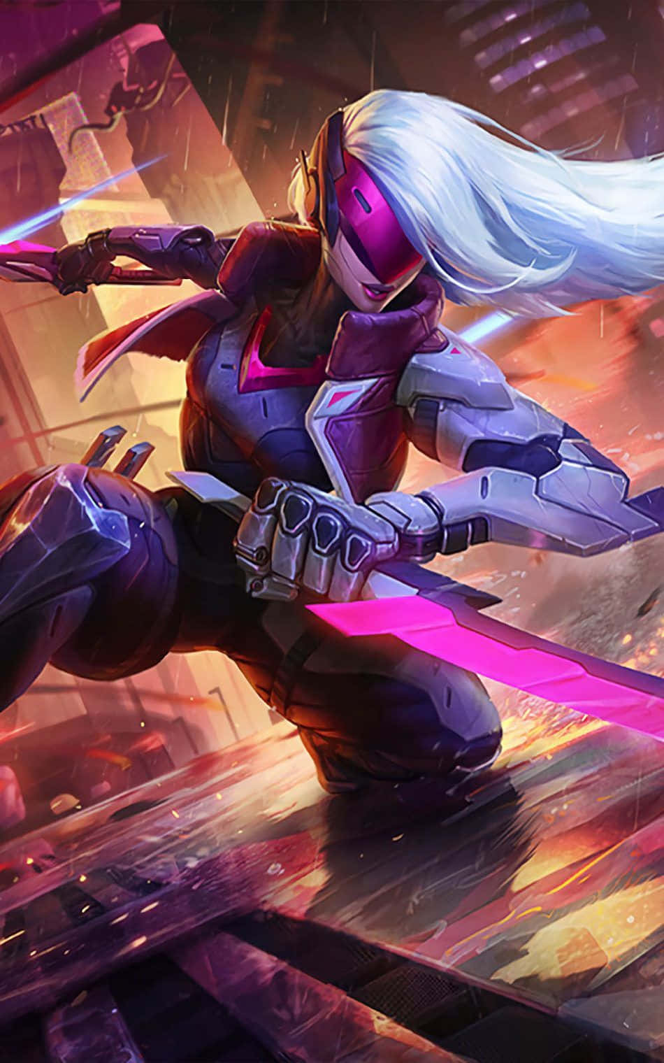 Pixel 3《英雄聯盟》背景圖 - 女武神卡特琳娜 壁紙 — 一位白髮、戴著粉紅色護目鏡的未來戰士，在霓虹燈照亮的賽博朋克小巷中揮舞著發光的劍。