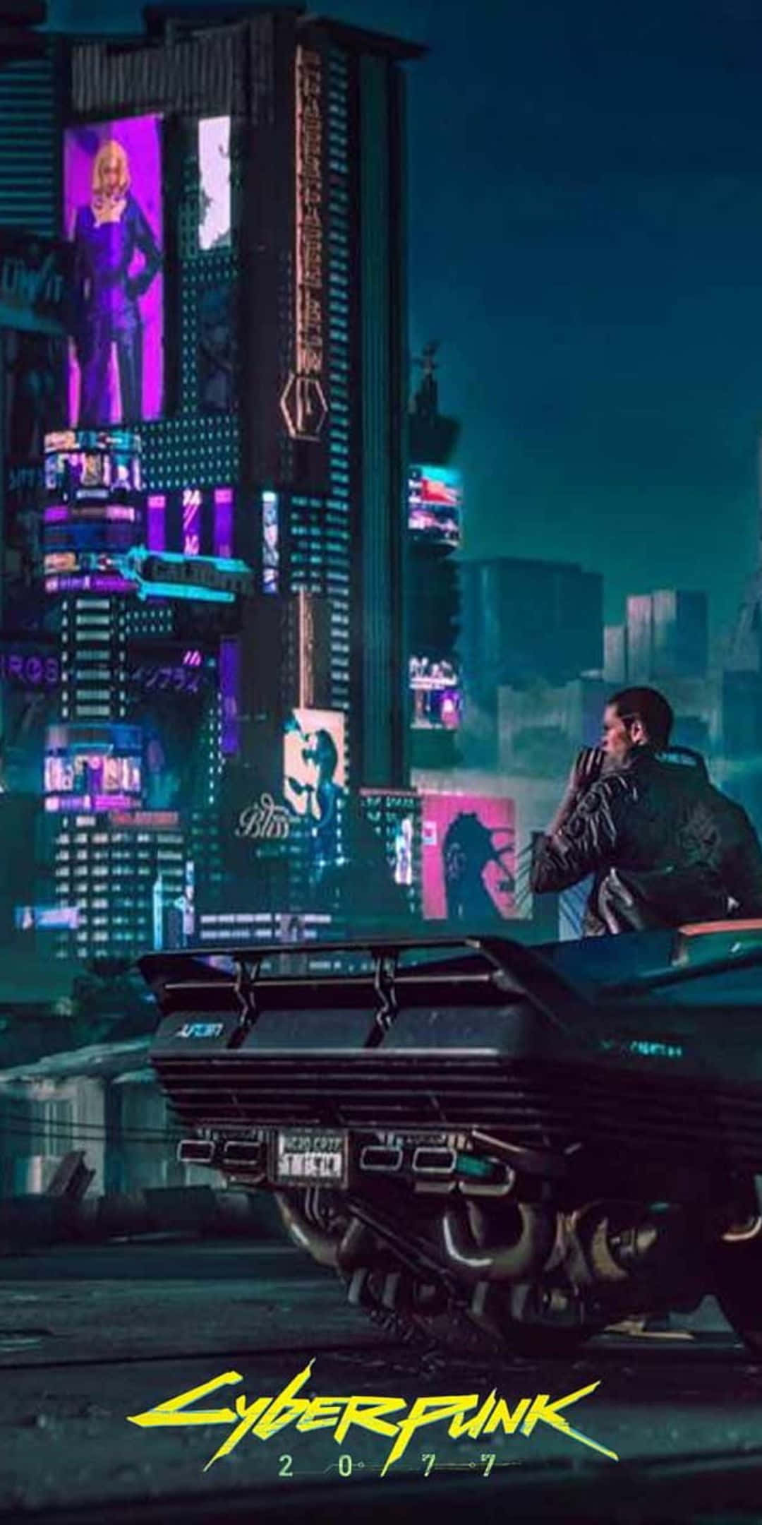 Pixel 3 賽博朋克2077 的可能性無限 壁紙 — 一個孤獨的身影站在一輛未來主義的汽車上，身處夜晚霓虹燈閃爍的賽博龐克城市景觀中。