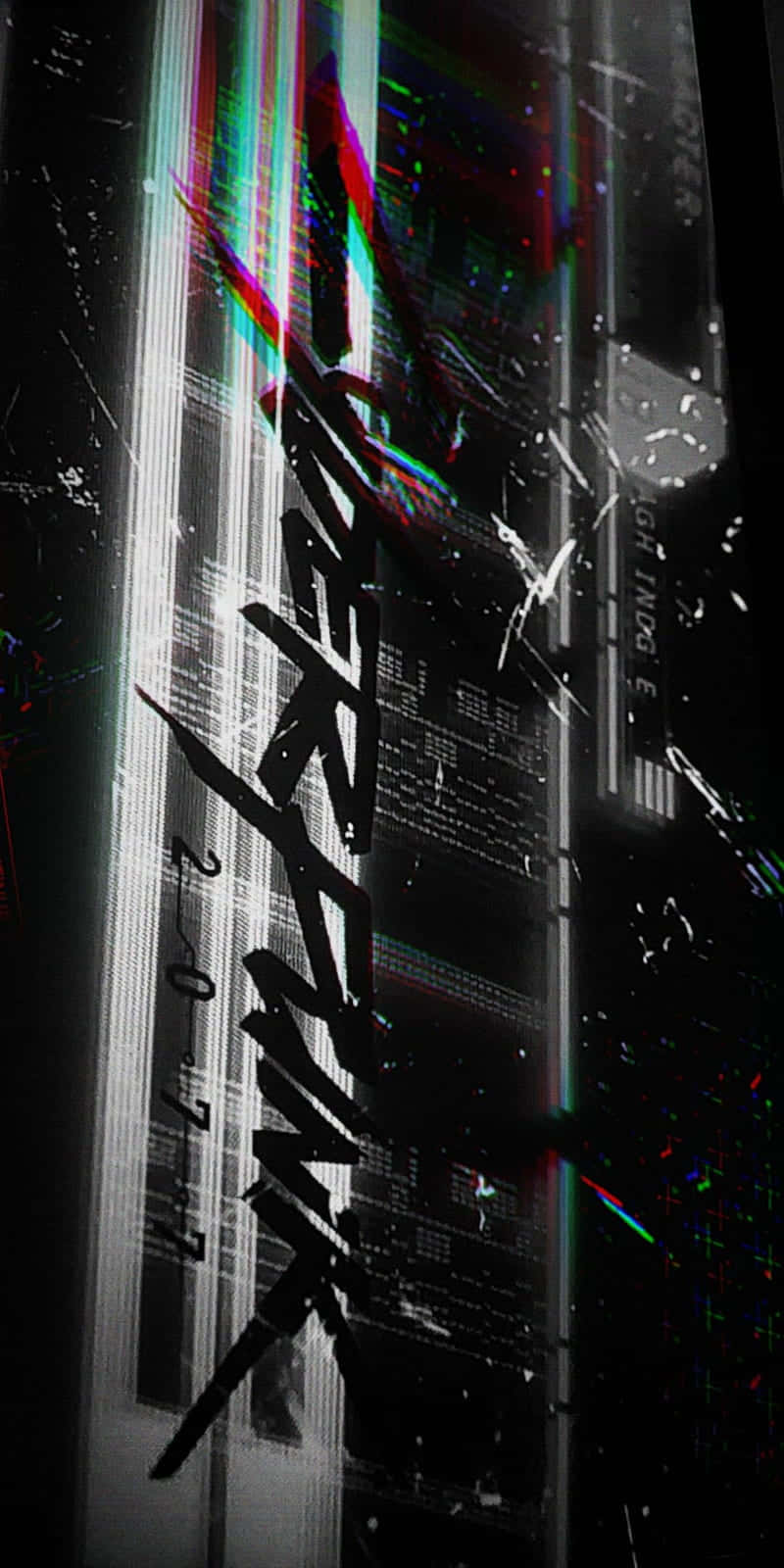 帶有粗體文字和數位扭曲的賽博龐克故障藝術。