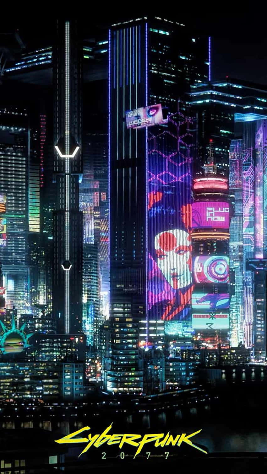 未來主義的城市天際線夜景，帶有發光的霓虹燈招牌和全息廣告牌。
