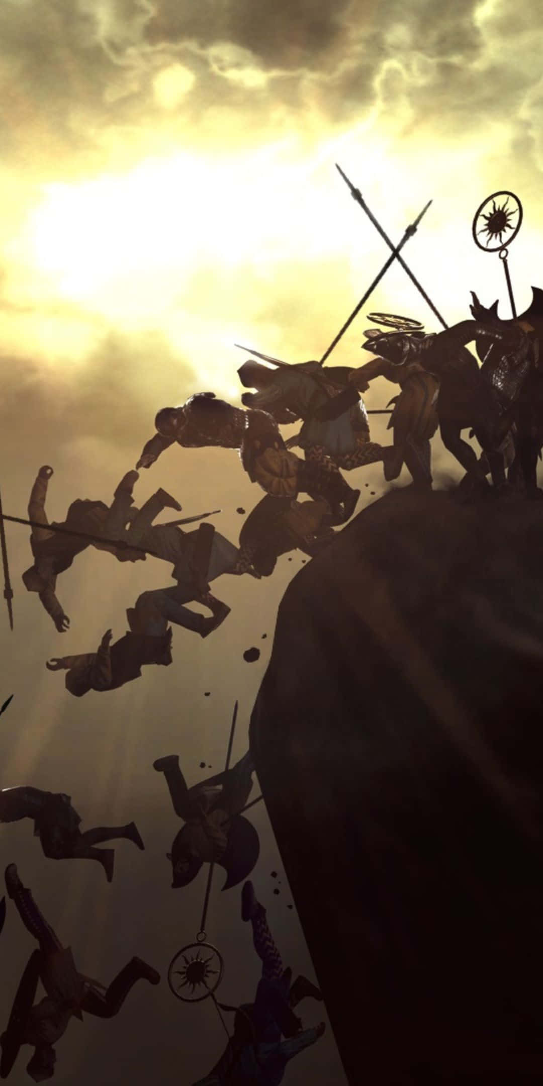 Pixel 3《Total War：羅馬2》戰場背景——戰士被推下懸崖 壁紙 — 剪影戰士和馬匹從懸崖躍入日落時分閃耀的金色天空。