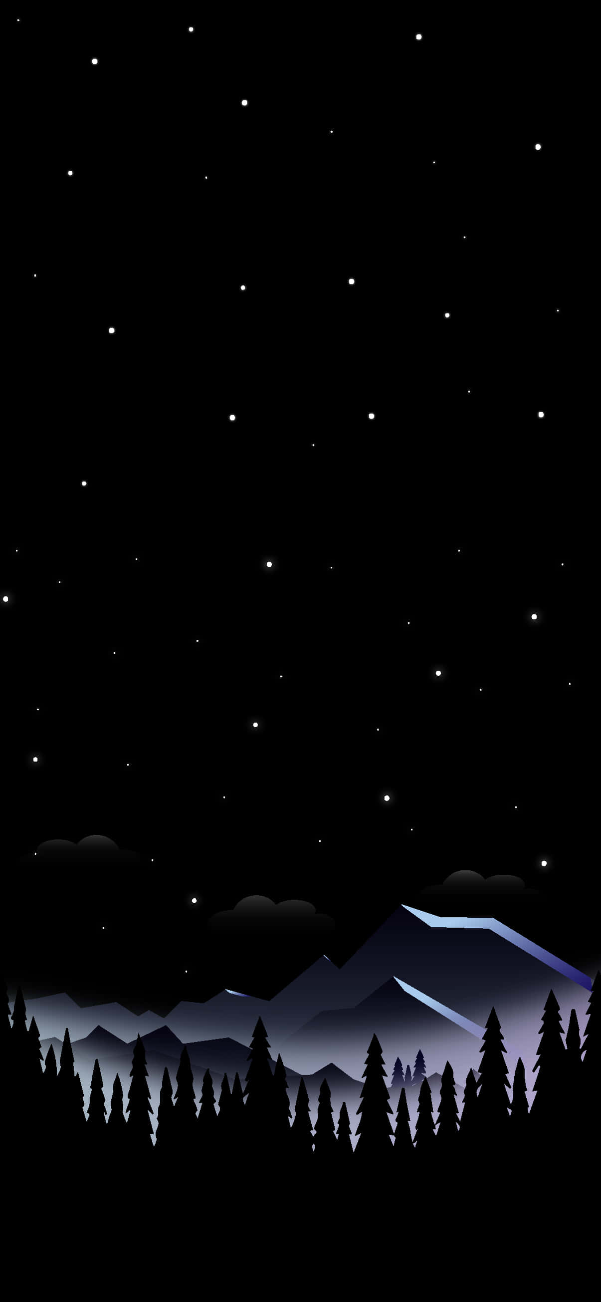 森林星空 Pixel 3XL AMOLED 背景 壁紙 — 在深藍色漸變下，剪影松樹和層疊山脈上方有星空的極簡夜景。