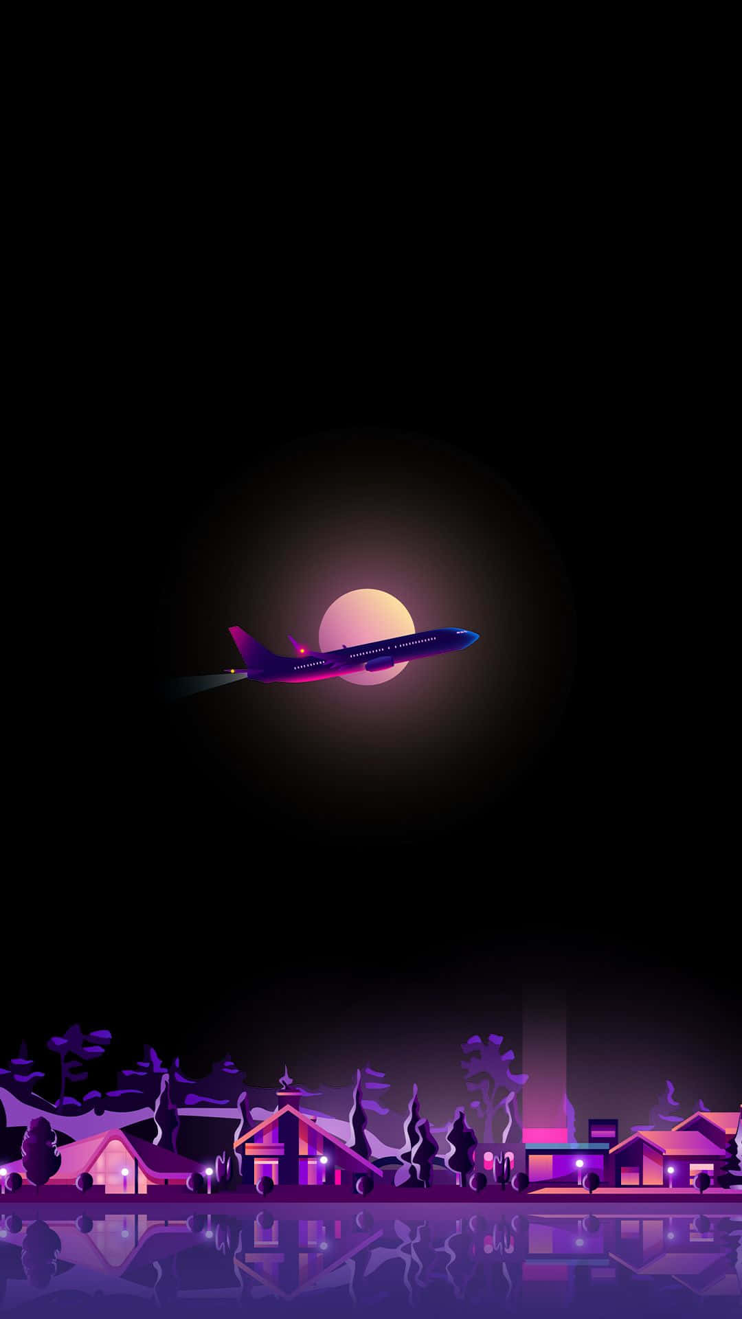 紫色飛機Pixel 3XL AMOLED 背景 壁紙 — 一架流線型飛機在夜晚飛過發光的月亮，下方是紫色調的小鎮，水面倒映著光影。