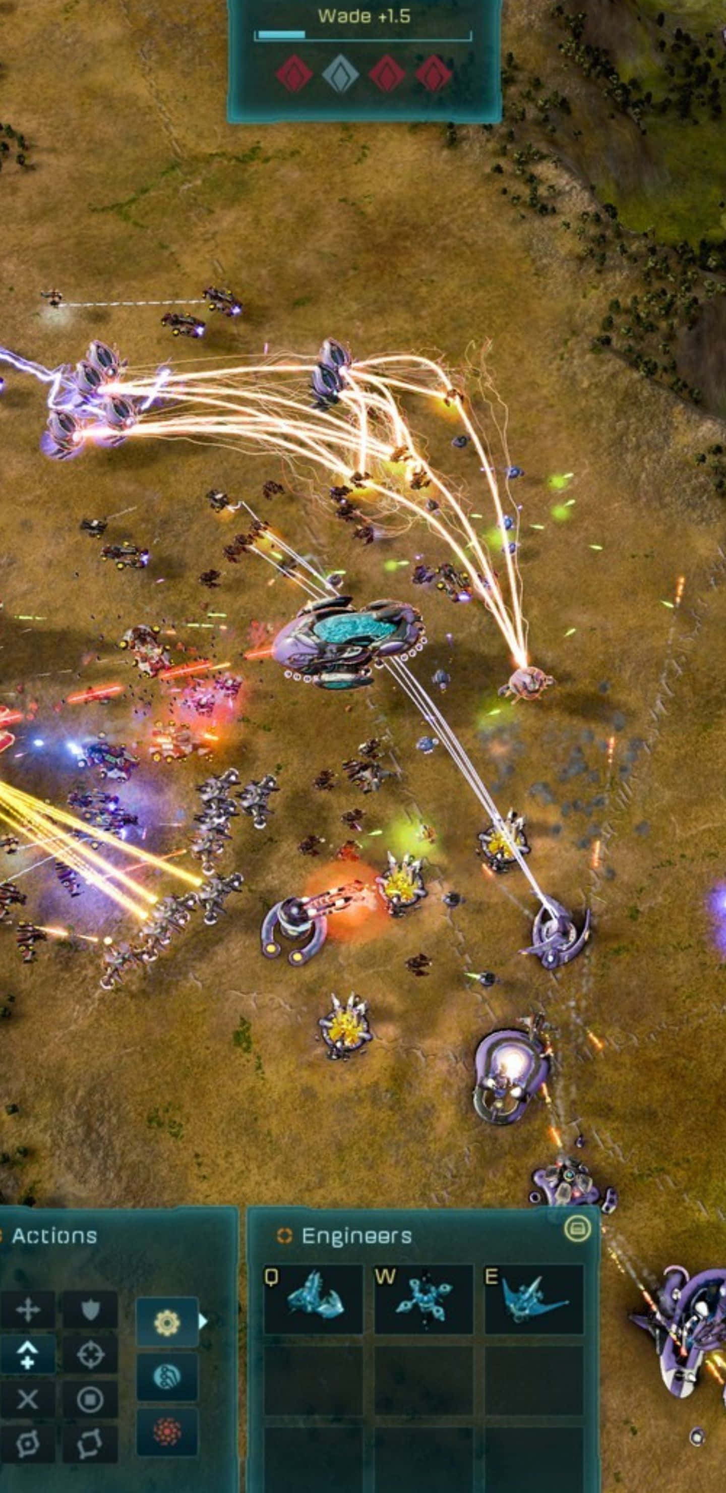 Pixel 3xl《Ashes Of The Singularity Escalation》的震撼視覺效果 壁紙 — Top-down view of a sci-fi strategy battle with glowing energy beams and futuristic units firing across a barren battlefield.